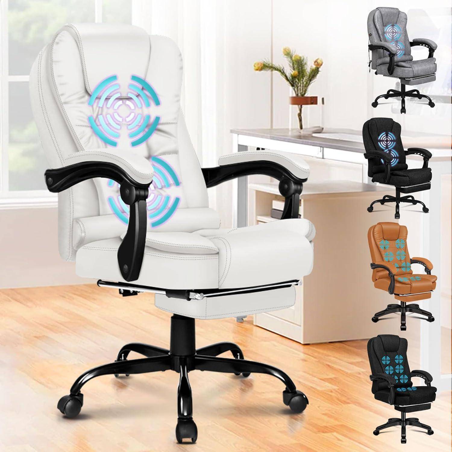 Ein weißer ergonomischer Bürostuhl mit Massagefunktion steht im Vordergrund. Daneben befinden sich kleinere Bilder, die verschiedene Farboptionen zeigen.