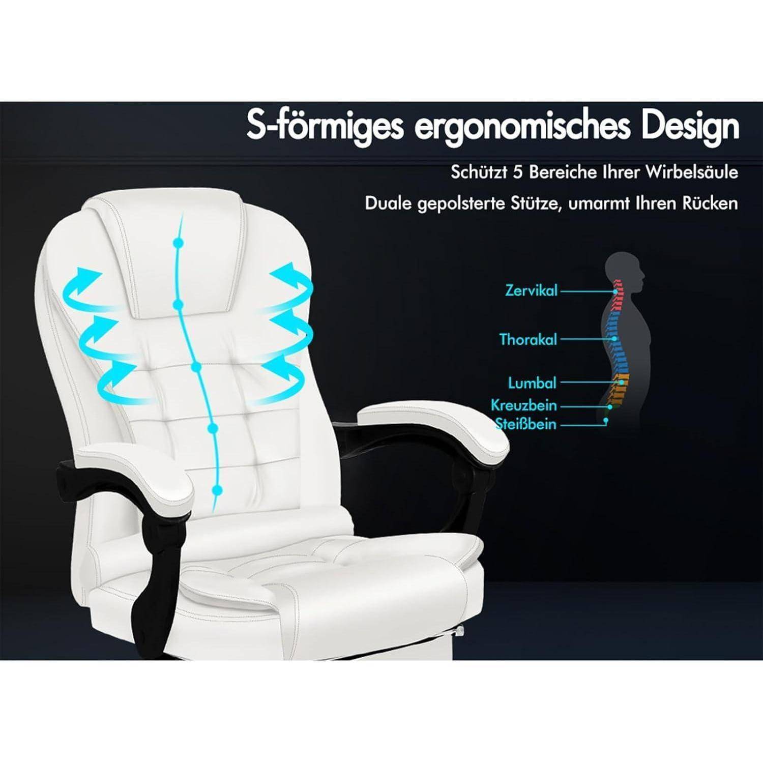 Ergonomischer Stuhl mit S-förmigem Design unterstützt die Bereiche der Halswirbelsäule, des Brustkorbs, der Lendenwirbelsäule, des Kreuzbeins und des Steißbeins, um die Gesundheit der Wirbelsäule zu verbessern.