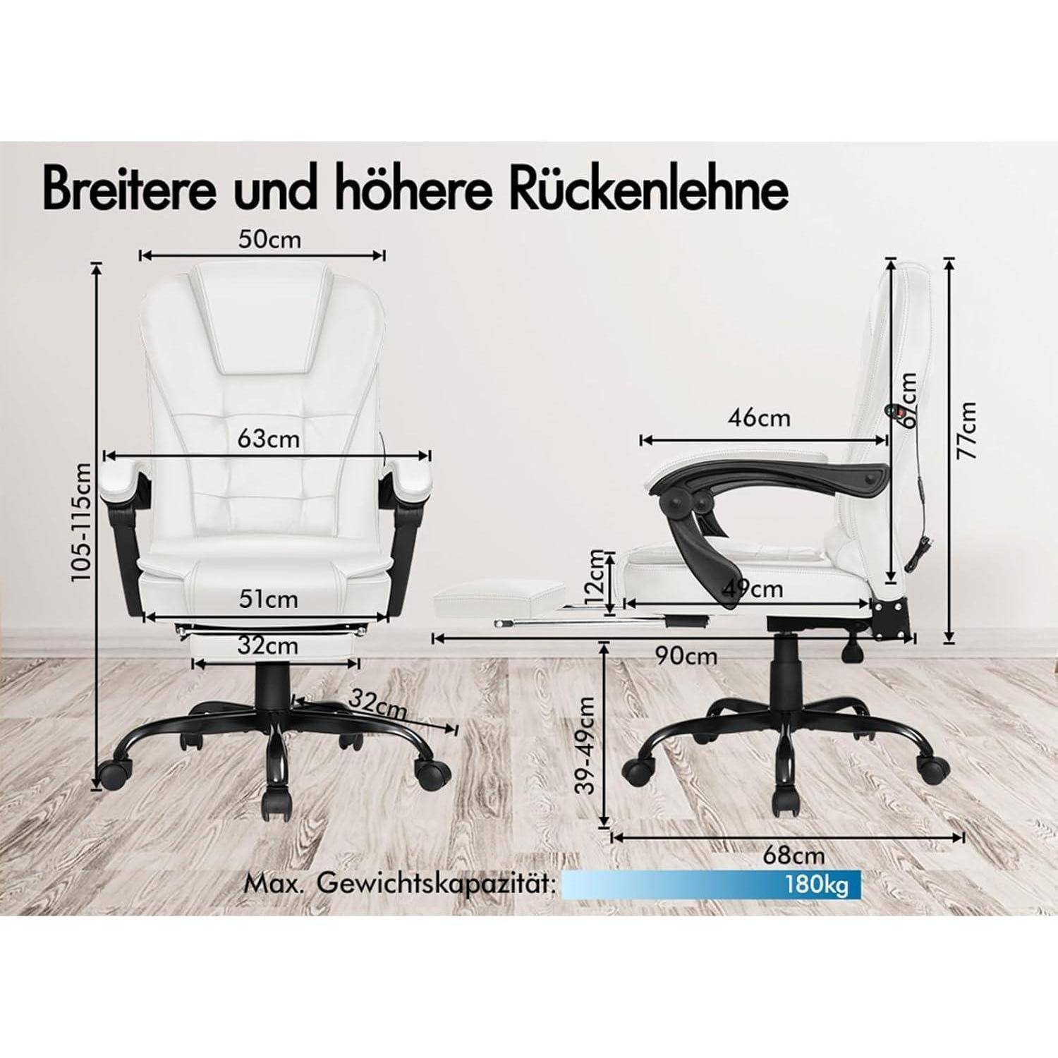 Weißer Bürostuhl mit hoher Rückenlehne und verstellbaren Armlehnen; Abmessungen in Zentimetern gekennzeichnet. Max. Tragfähigkeit: 180 kg.