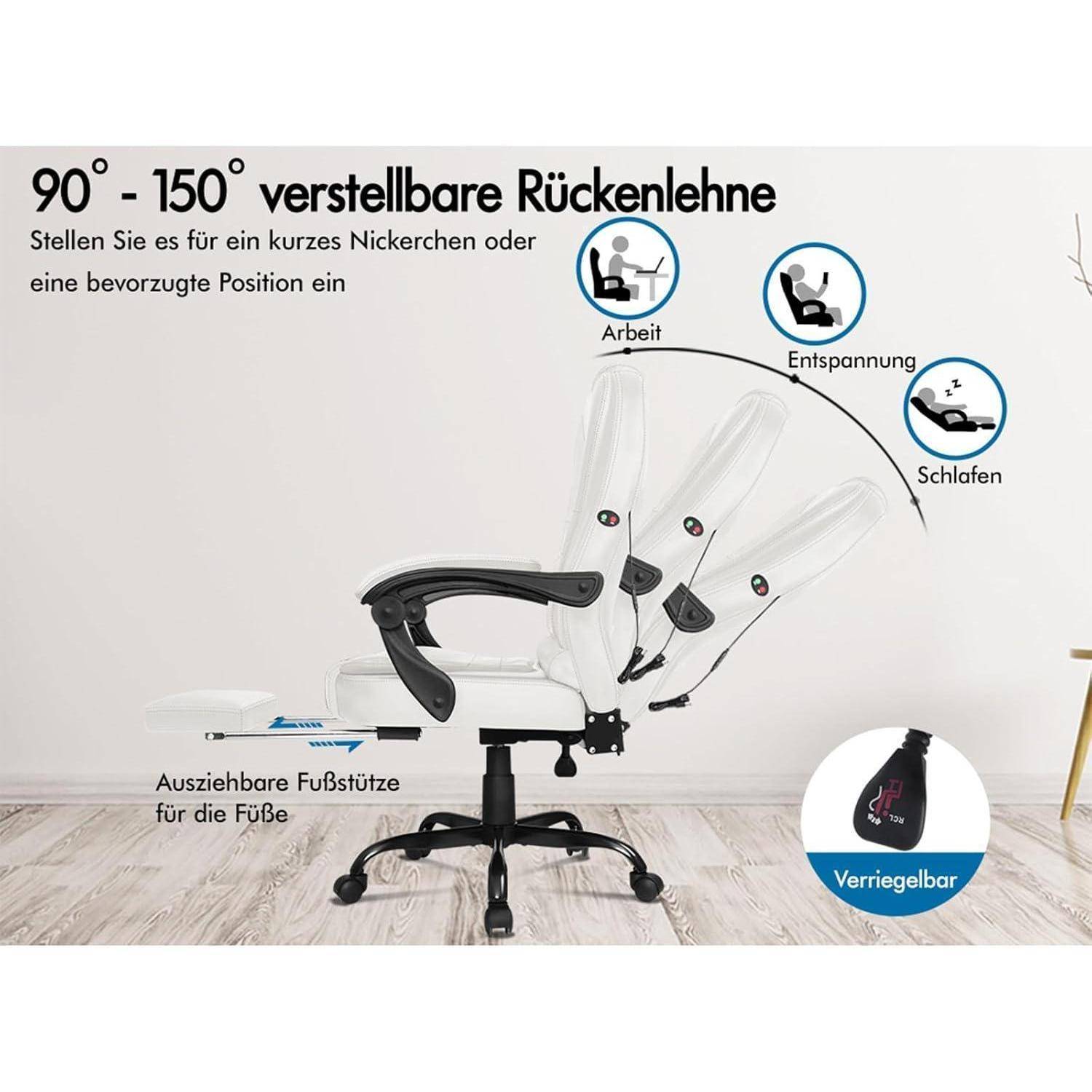 Ein Bürostuhl mit verstellbaren Rückenlehnen-Positionen von 90° bis 150° für Arbeit, Entspannung und Schlafen. Inklusive Fußstütze und Arretierungsfunktion.