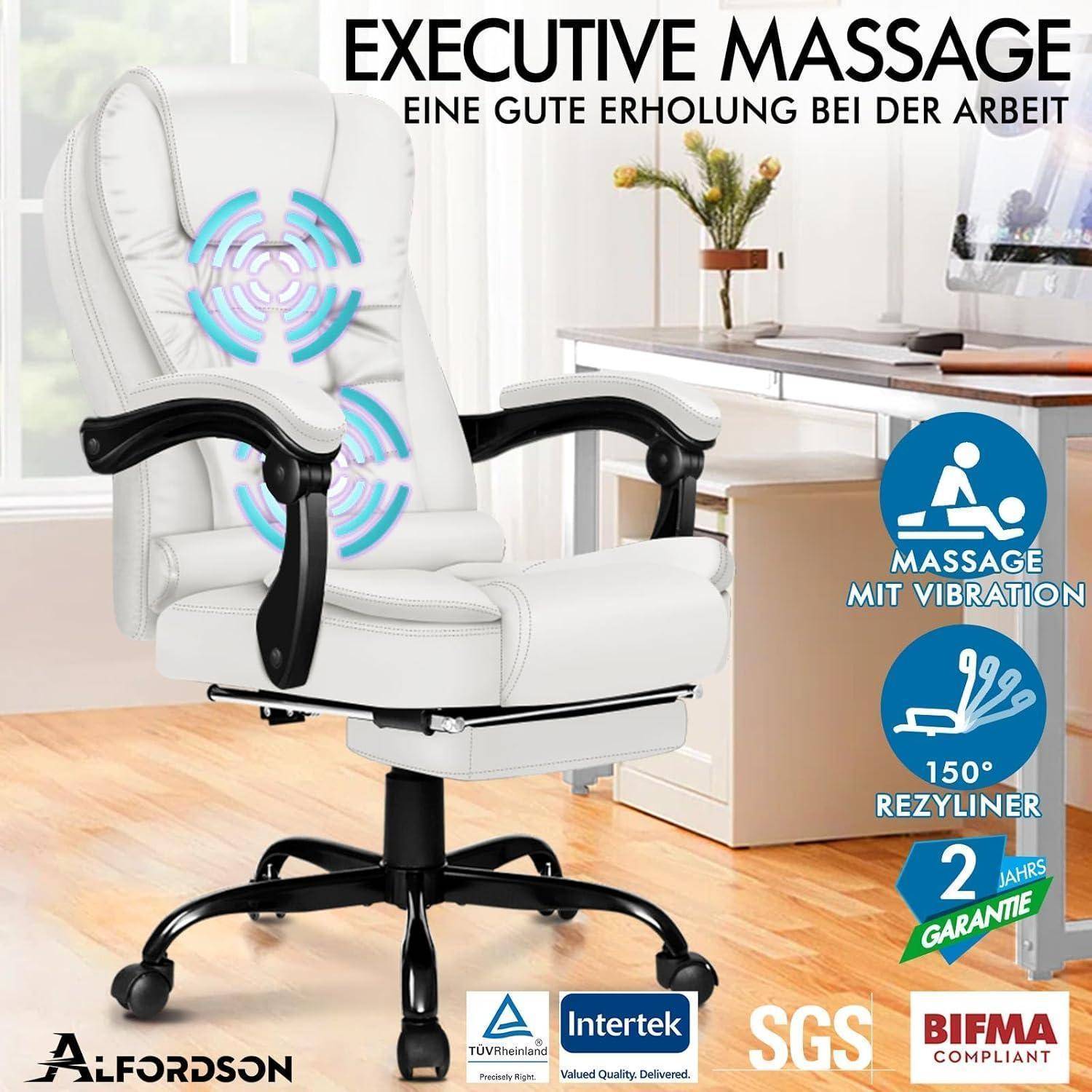 Weißer Bürostuhl für Führungskräfte mit Massage-Funktion, Armlehnen und Kopfstütze. Bietet Massagefunktion, 150-Grad-Neigung und 2 Jahre Garantie.