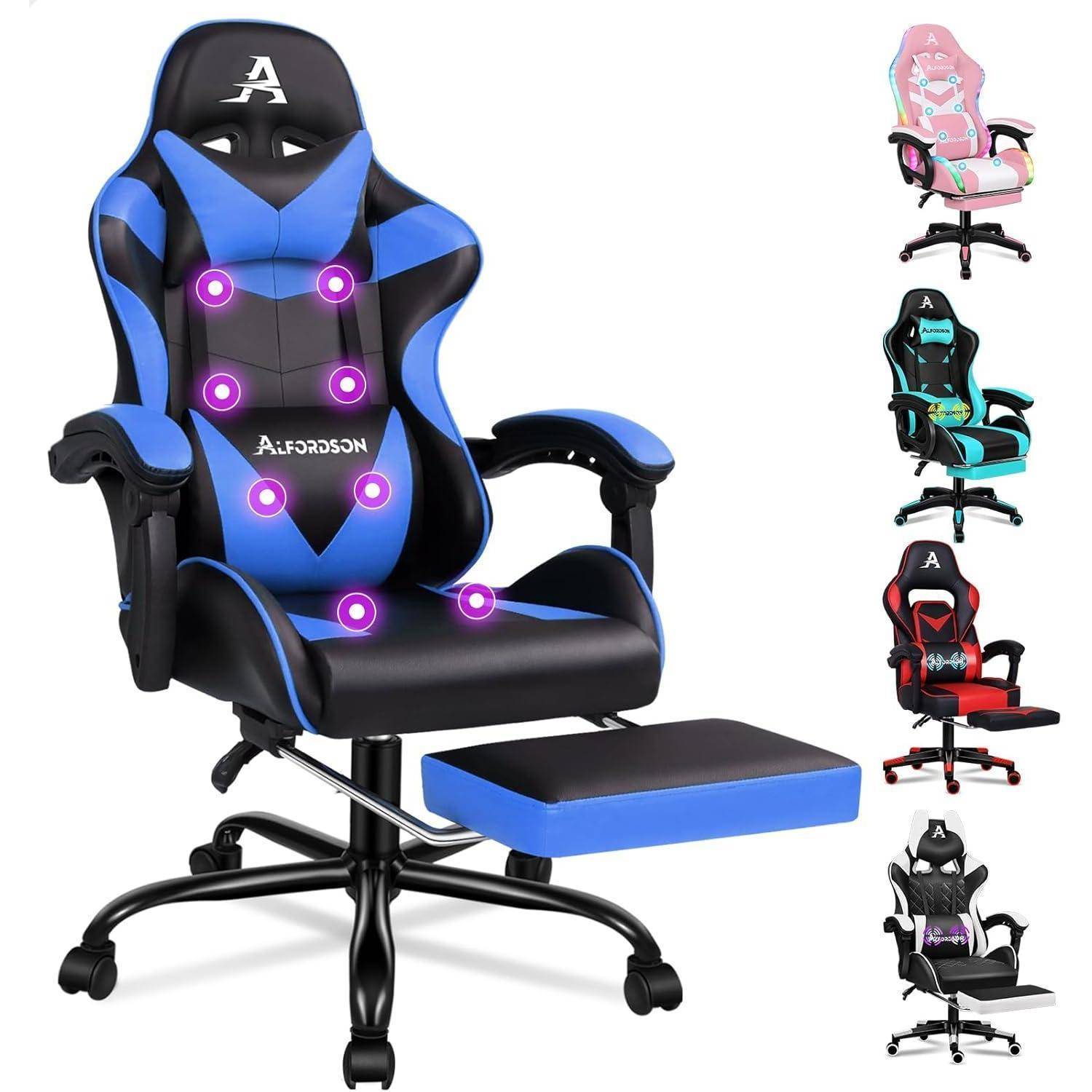 Ein blauer Gaming-Stuhl mit ergonomischem Design, Lendenwirbelstütze, einziehbarer Fußstütze und mehreren Farboptionen, rechts dargestellt.