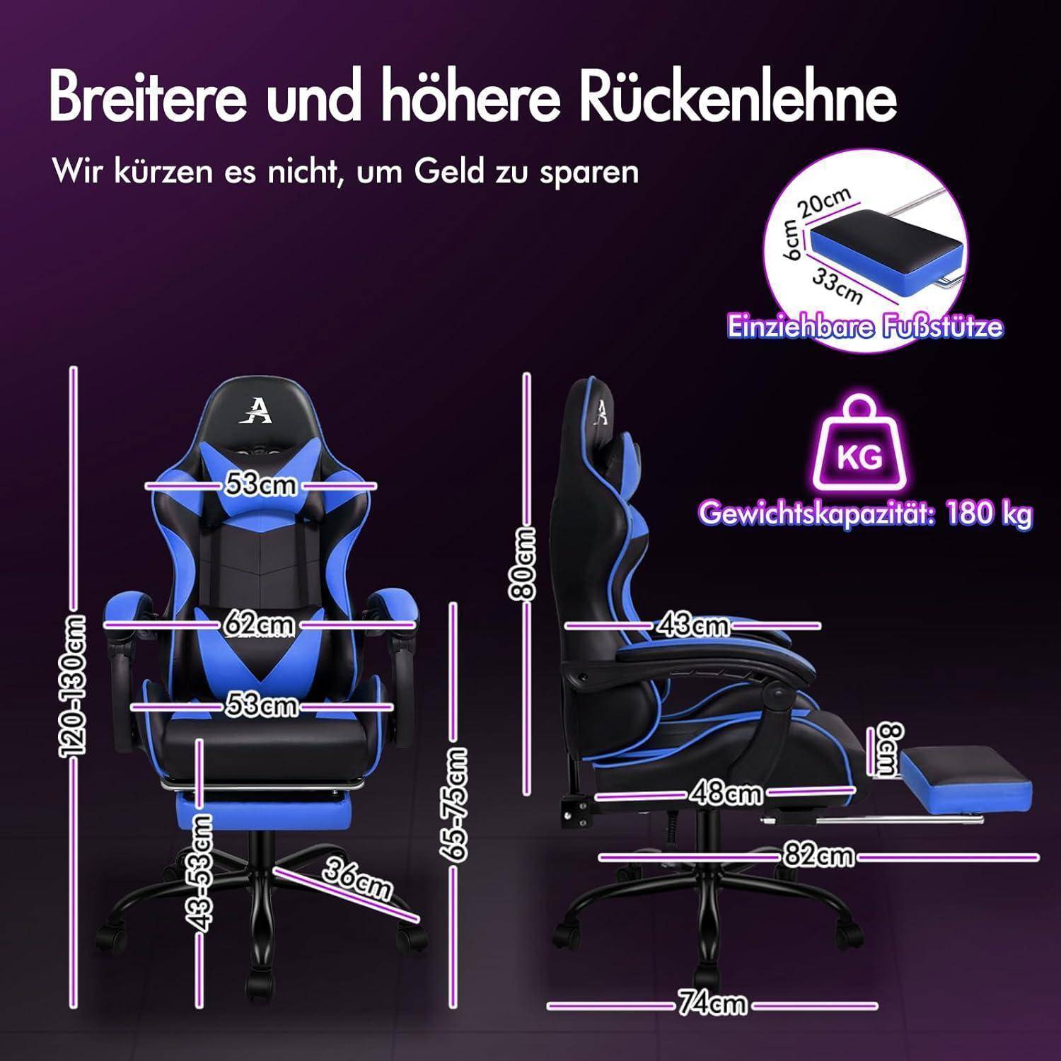 Eine Gaming-Stuhl-Illustration mit Maßangaben: Rückenlehne 120-130 cm hoch, Sitzbreite 53 cm, Tragfähigkeit 180 kg, zusammenklappbare Fußstütze.