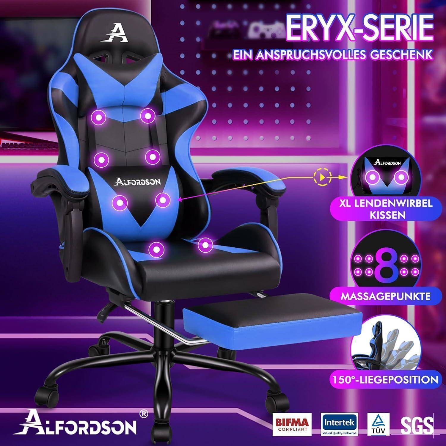 Gaming-Stuhl mit blau-schwarzem Design, beschriftet als 'Eryx-Serie'. Ausstattungsmerkmale umfassen eine Lendenkissen, Massagepunkte und eine 150° Neigungsfunktion.