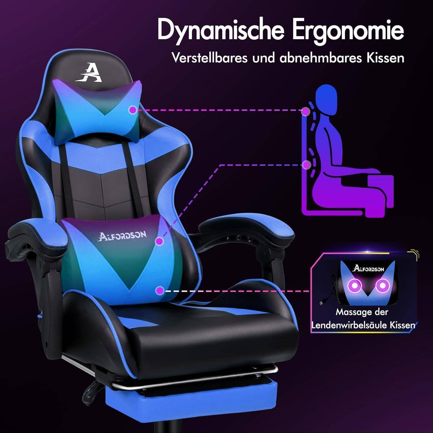 Ein Gaming-Stuhl mit Neigungsfunktion, Kopfstütze und Lendenwirbelstütze ist zu sehen. Der Text hebt 'Dynamische Ergonomie' und 'Verstellbare und abnehmbare Kissen' hervor.