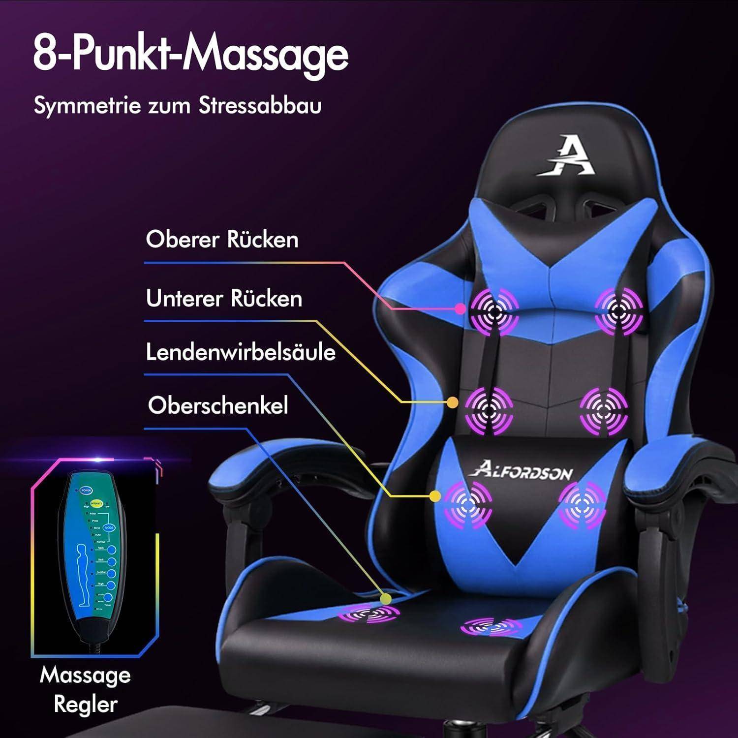 Gaming-Stuhl mit Massagefunktion. Highlights: 8 Massagepunkte: oberer Rücken, unterer Rücken, Lendenwirbelsäule, Oberschenkel. Bedienfeld angezeigt.