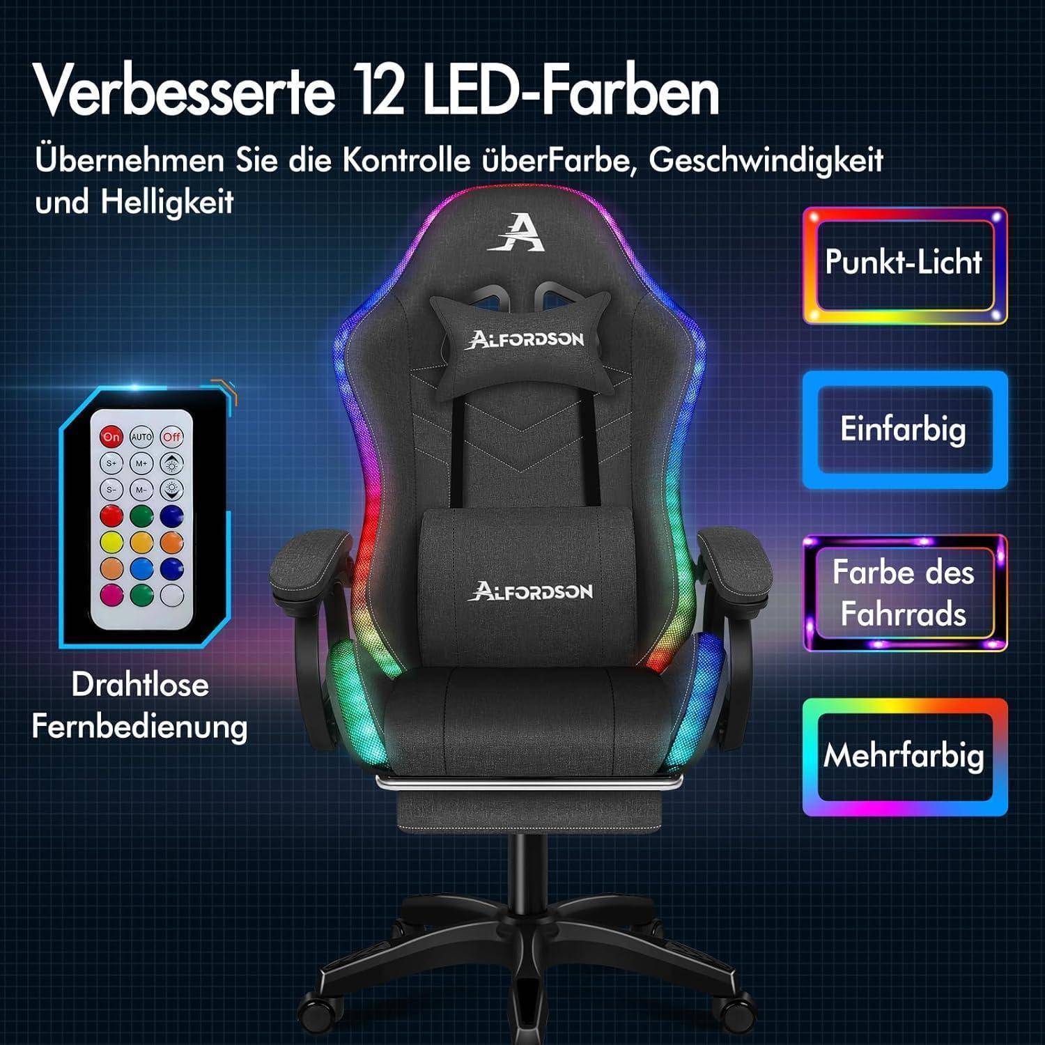 Ein Bürostuhl mit LED-Beleuchtung und Fernbedienungsfunktionen. Der Text auf Deutsch hebt die „verbesserten 12 LED-Farben