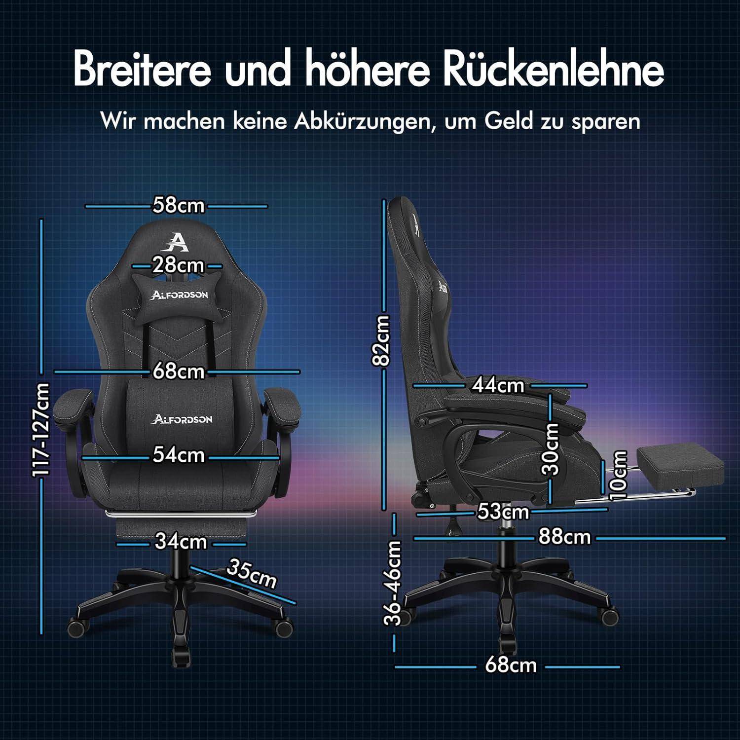 Gaming-Stuhl mit breiterem, höherem Rückenlehne; Maße beschriftet: Rückenlehne 58x84cm, Sitz 54x53cm, Höhe 117-127cm. Text: 'Wir machen keine Abkürzungen, um Geld zu sparen.