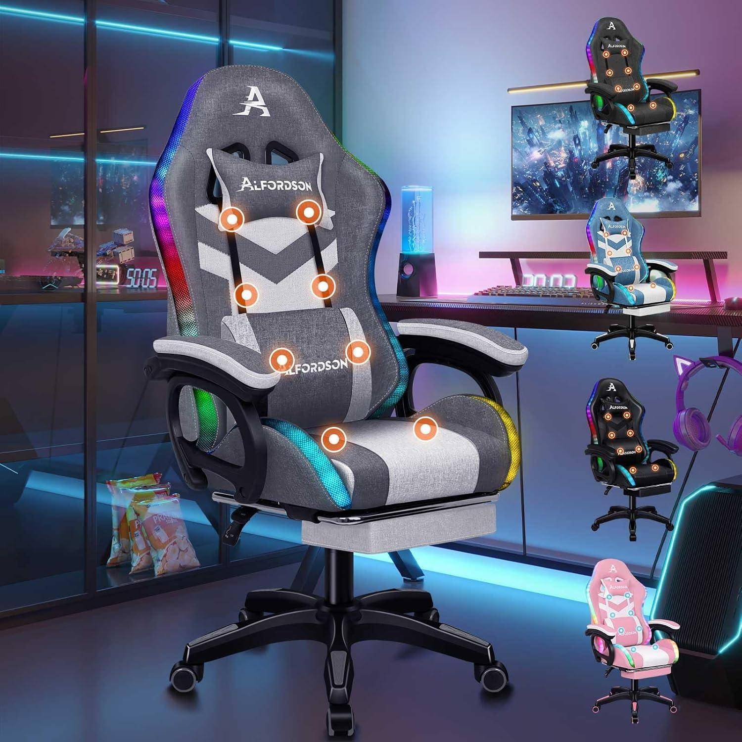 Ein Gaming-Stuhl mit verstellbaren Funktionen und ergonomischem Design, hervorgehoben durch interaktive Punkte, wird in einem Raum mit mehreren Monitoren präsentiert.