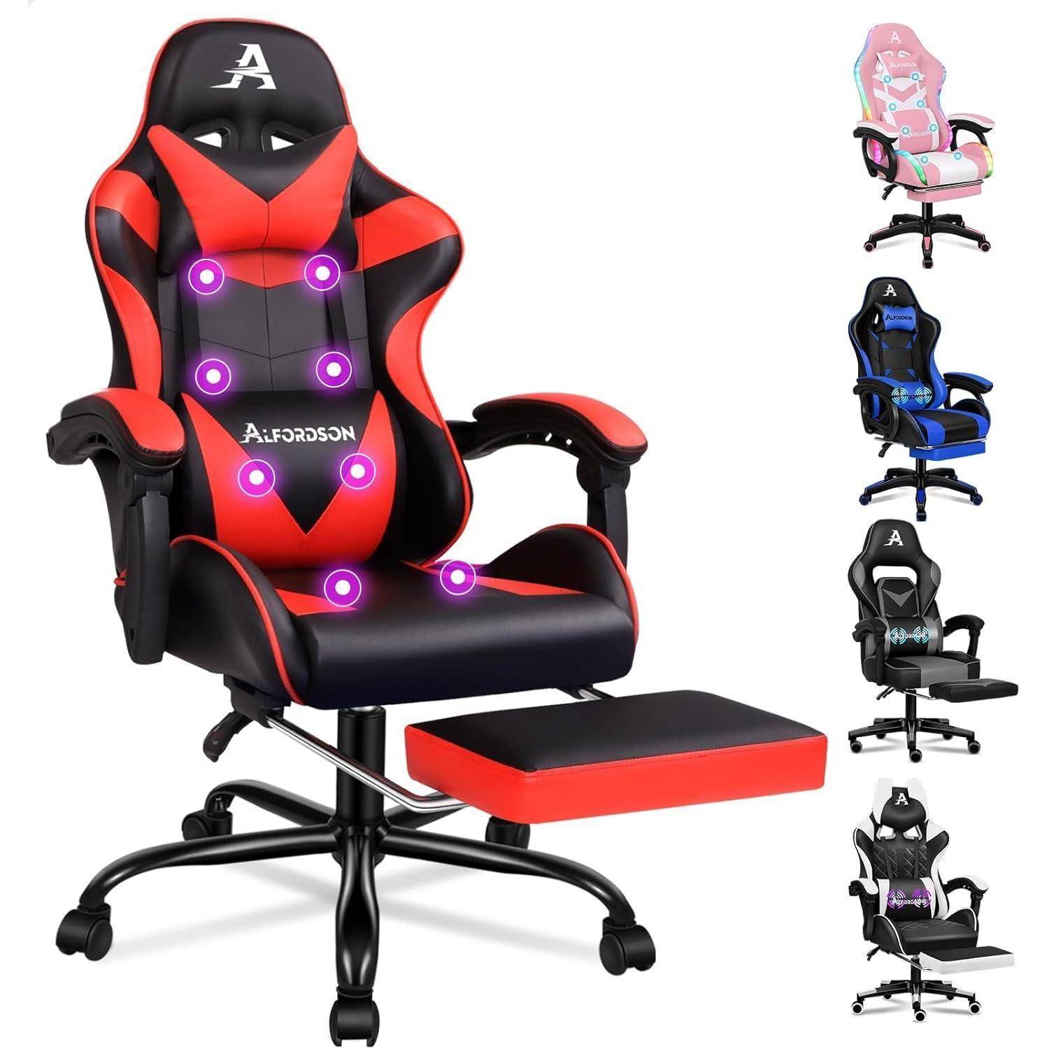 Eine Sammlung von Gaming-Stühlen in verschiedenen Farben, mit ergonomischem Design und Massagefunktion, mit hervorgehobenen Bereichen zur Betonung.
