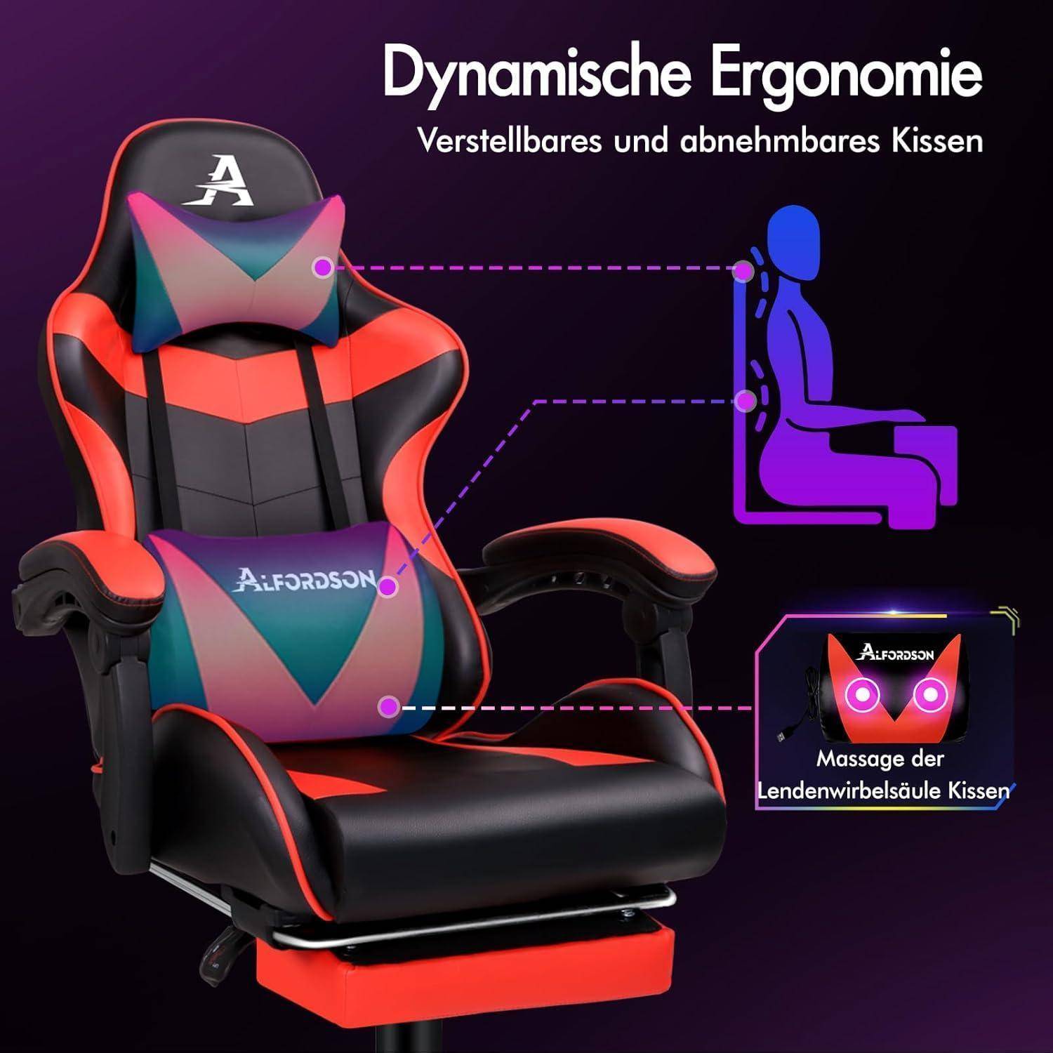 Gaming-Stuhl mit dynamischer Ergonomie, verstellbaren und abnehmbaren Kissen, Lendenwirbelмассagefunktion. Hervorgehobene Haltungsvorteile.