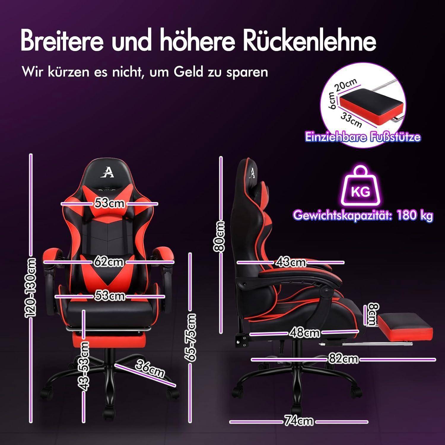 Das Bild zeigt einen Gaming-Stuhl mit beschrifteten Abmessungen und Merkmalen, wie Rückenlehnenbreite (53 cm), Höhe (120-130 cm) und Fußstützen-Größe. Die Tragfähigkeit beträgt 180 kg.