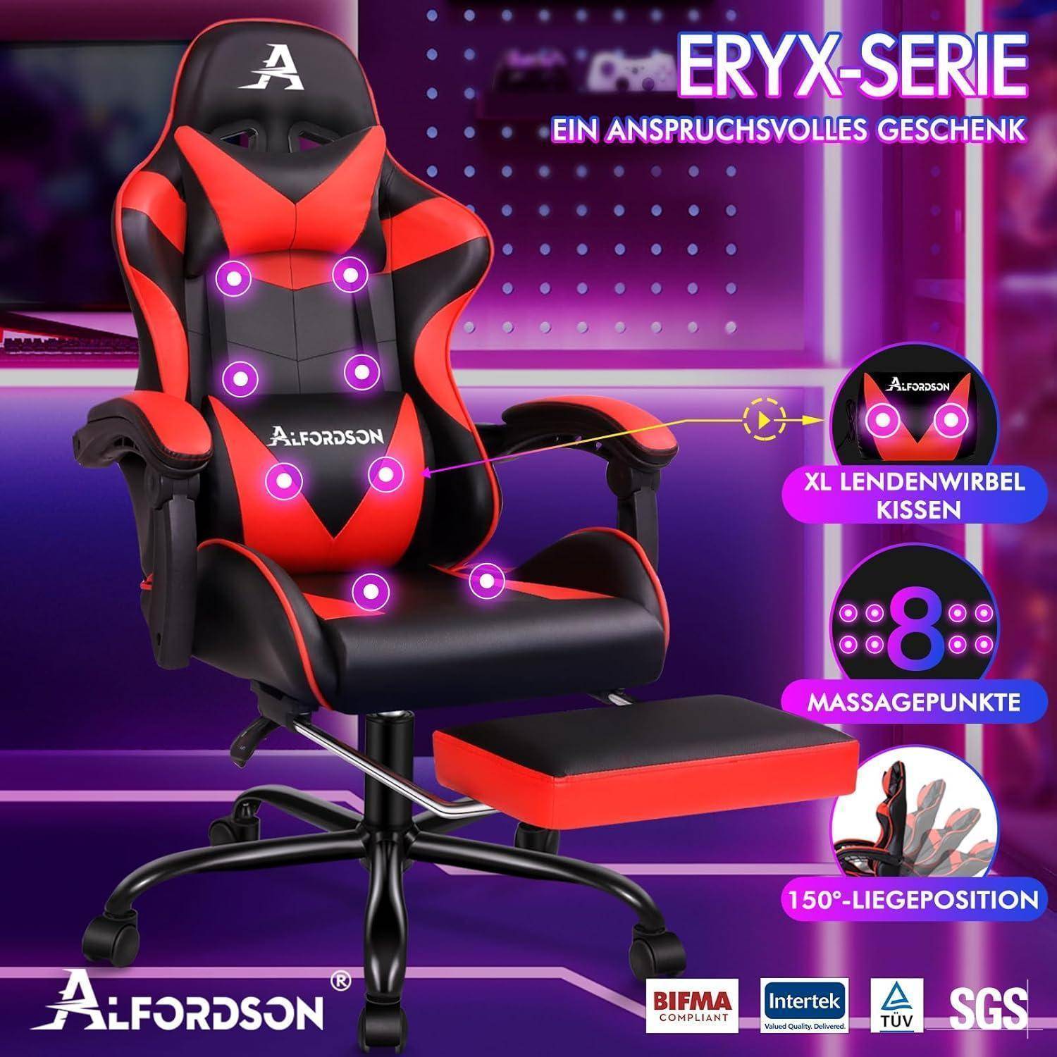 Gaming-Stuhl mit rot-schwarzem Design, Marke 'Alfordson'. Ausstattungsmerkmale umfassen Lendenkissen, 8 Massagepunkte und 150° Neigungswinkel.