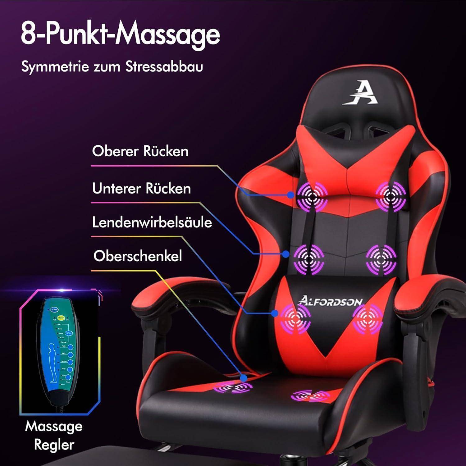 Ein rot-schwarzer Massagesessel mit der Bezeichnung '8-Punkt-Massage' mit hervorgehobenen Bereichen für oberen Rücken, unteren Rücken, Lendenwirbel und Oberschenkel. Beinhaltet eine Abbildung des Massagekontrollers.