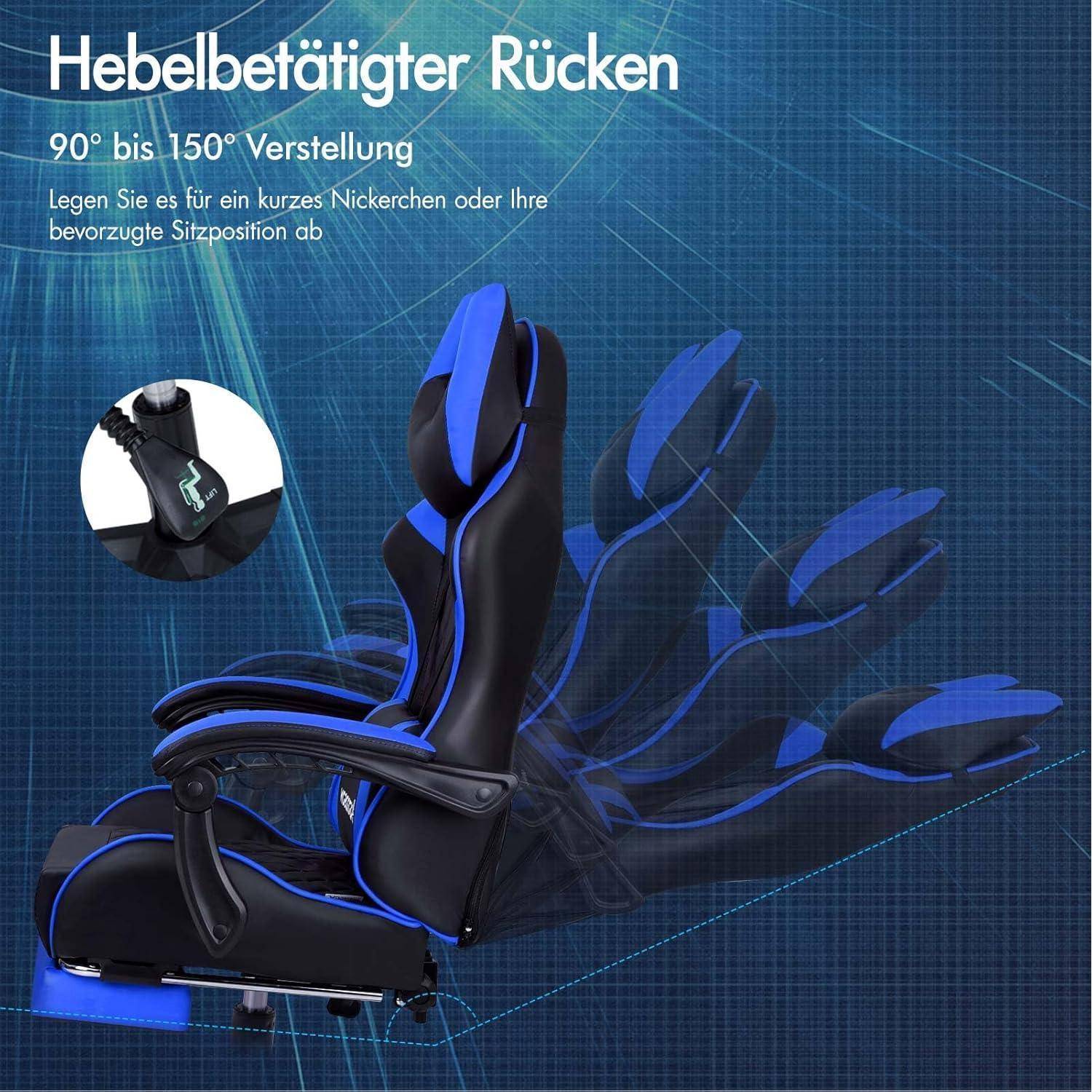 Gaming-Stuhl mit verstellbarer Neigung von 90° bis 150°, Hebelmechanismus wird präsentiert und mit blauen Beleuchtungsakzenten hervorgehoben. Deutscher Text erklärt die Funktionalität.