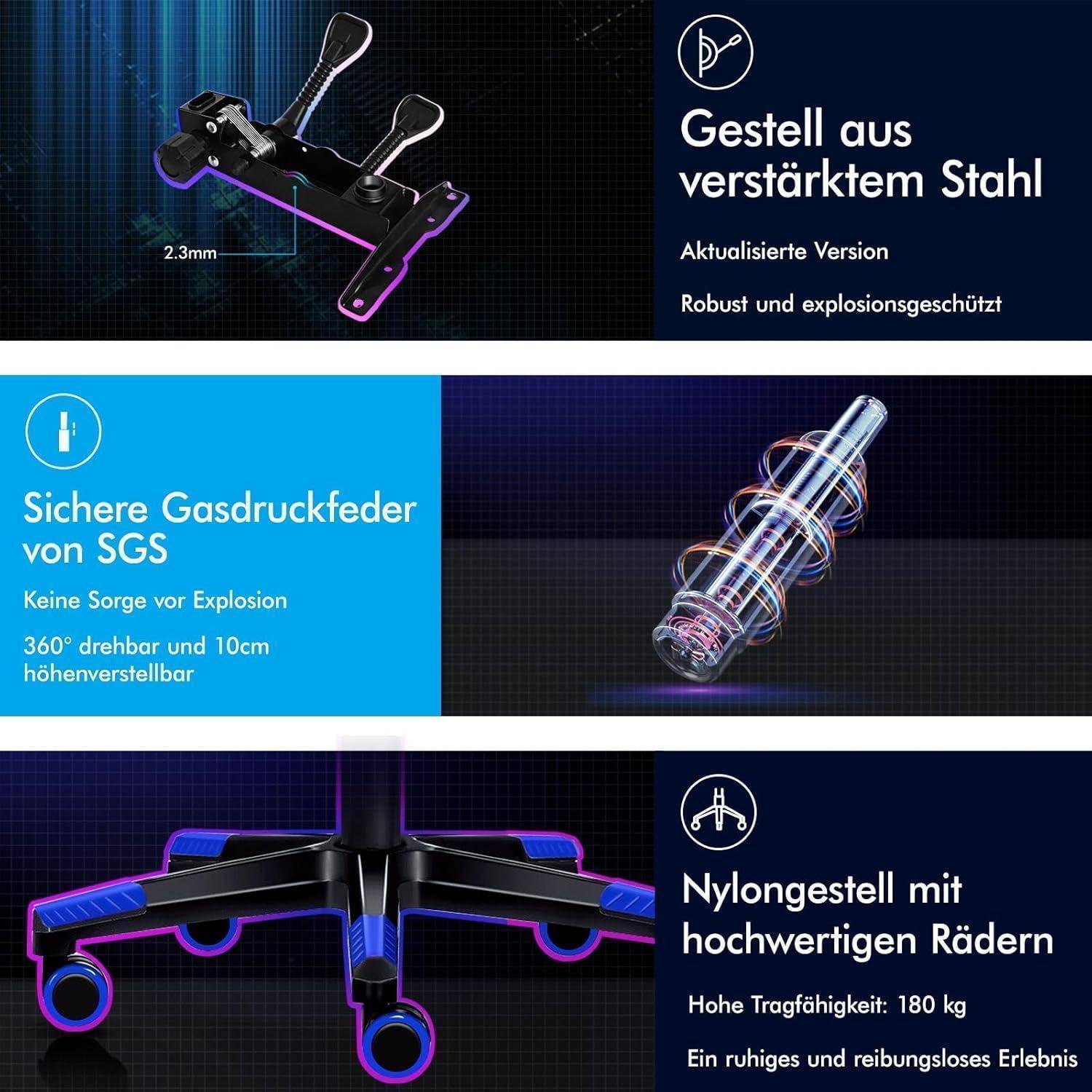 Premium Gaming Stuhl mit Fußstütze und Lordosenstütze ergonomisch