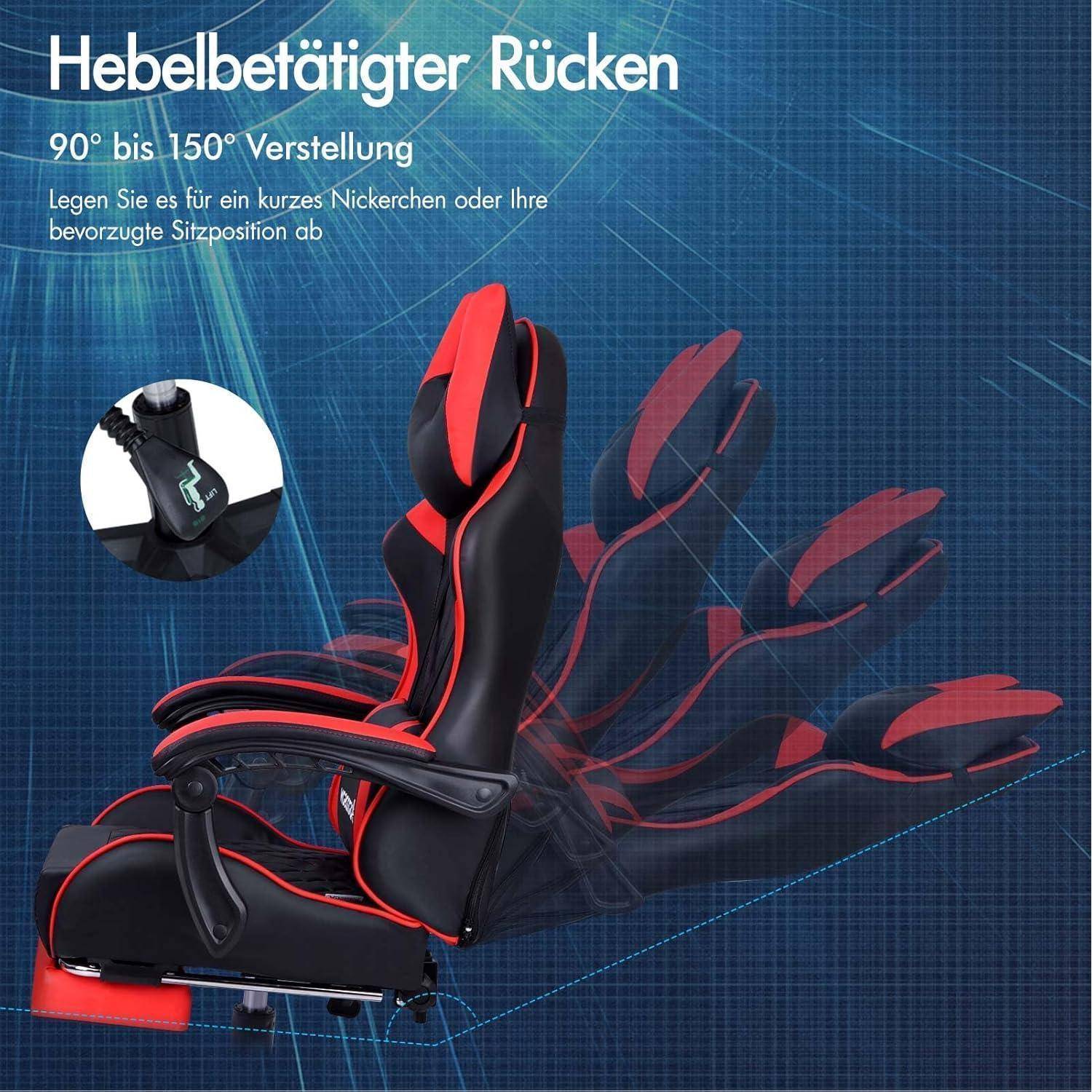Ein Gaming-Stuhl mit verstellbarer Neigung von 90° bis 150°, ausgestattet mit einer seitlichen Hebelbedienung zur Einstellung der gewünschten Sitzposition.