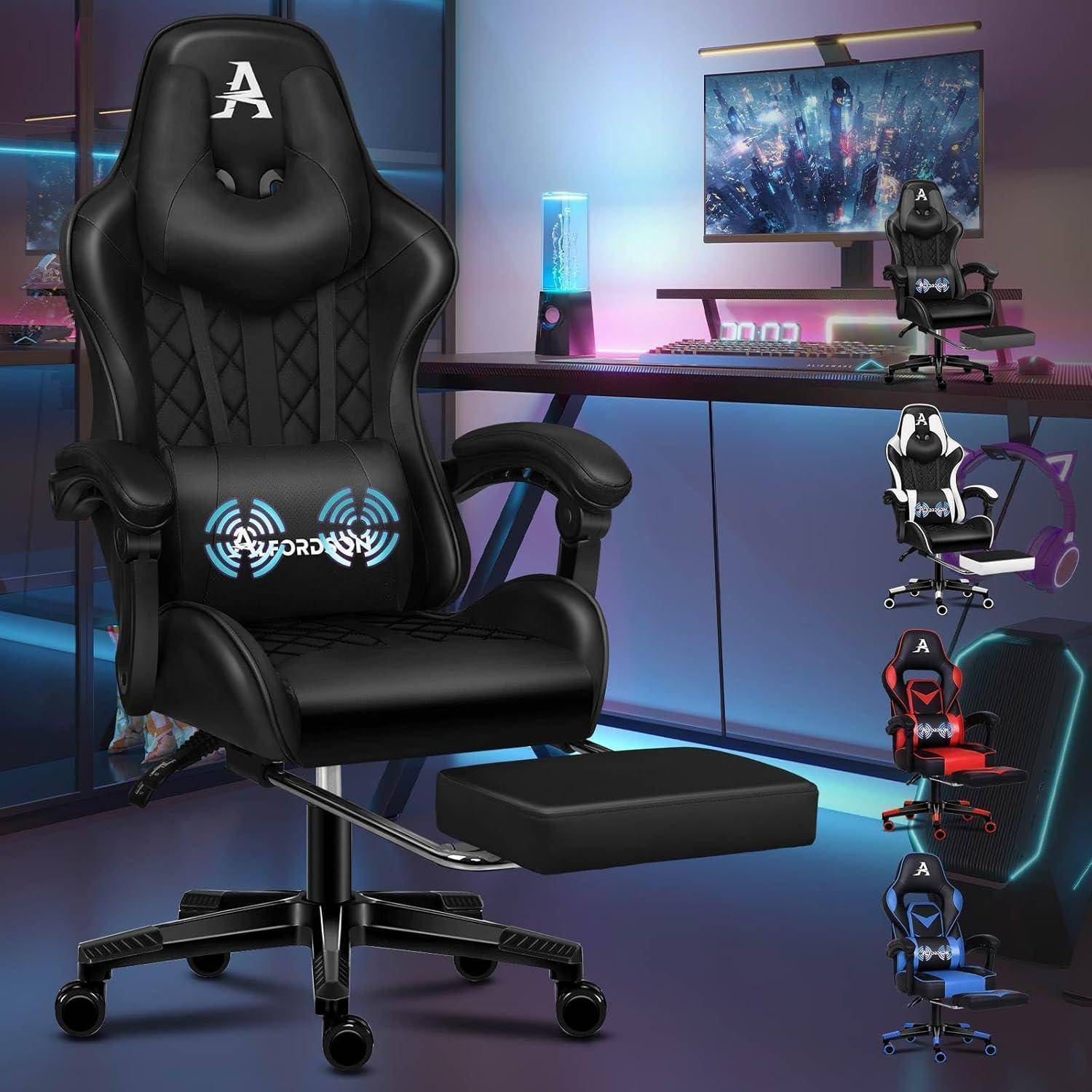 Premium Gaming Stuhl mit Fußstütze und Lordosenstütze, ergonomisches
