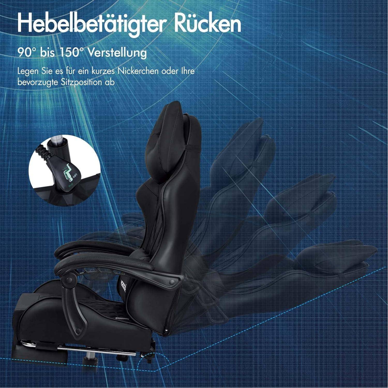 Liegestuhl mit verstellbarem Hebel; Verstellbereich von 90° bis 150° für maximalen Komfort. Darstellung zeigt Rückenlehnen-Positionen mit überlappenden Schatten.
