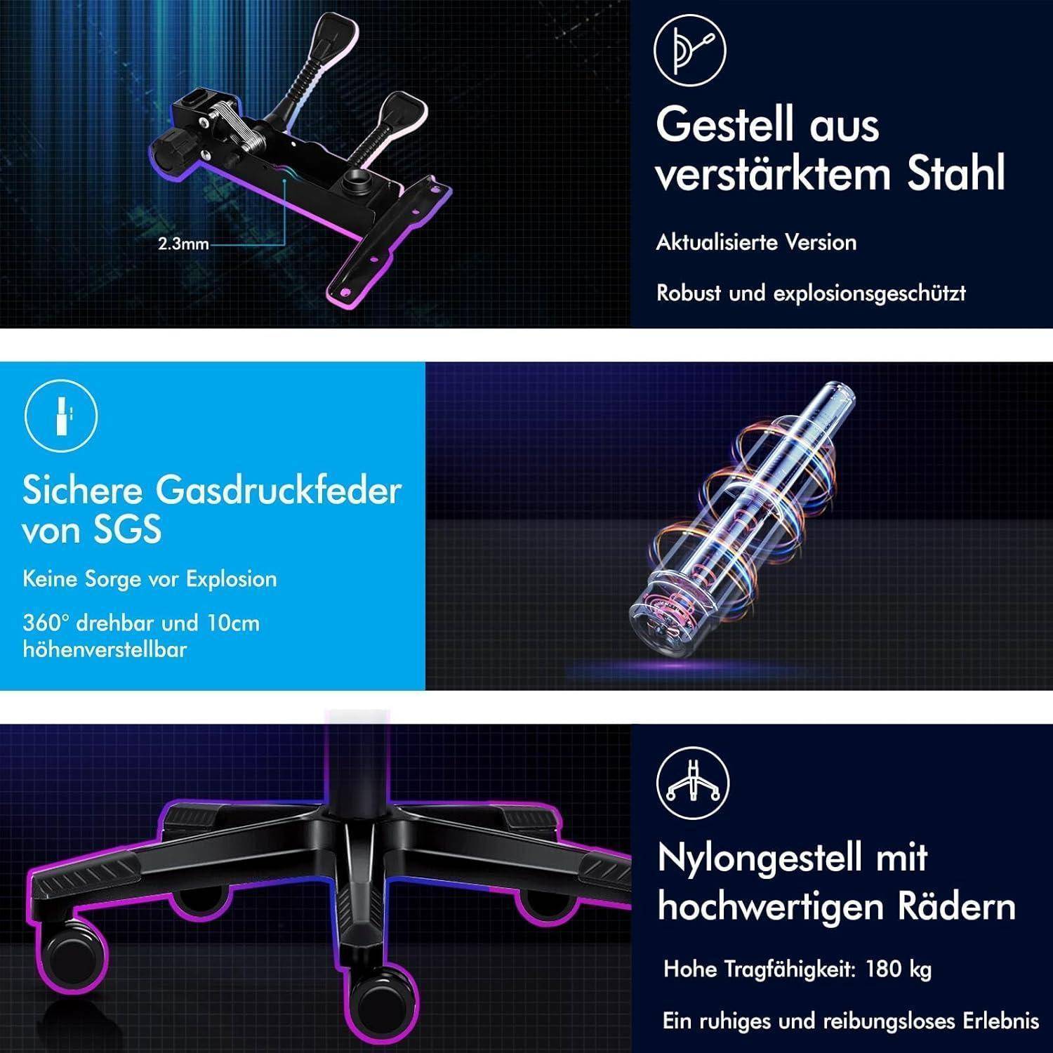 Premium Gaming Stuhl mit Fußstütze und Lordosenstütze, ergonomisches