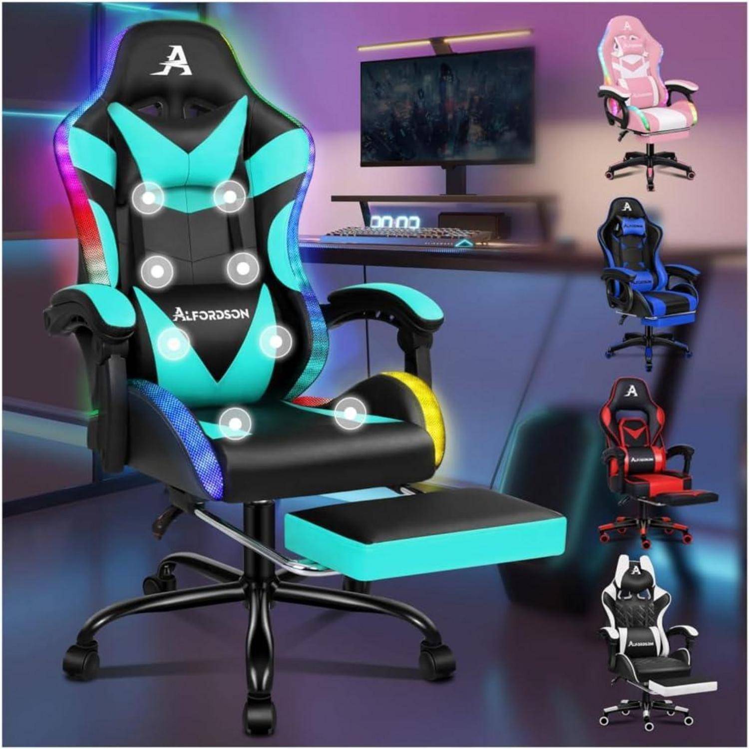 Gaming-Stuhl mit ergonomischem Design, Kopfstütze, Lordosenstütze, Fußablage und verstellbaren Armlehnen. Mehrere Farboptionen gezeigt.