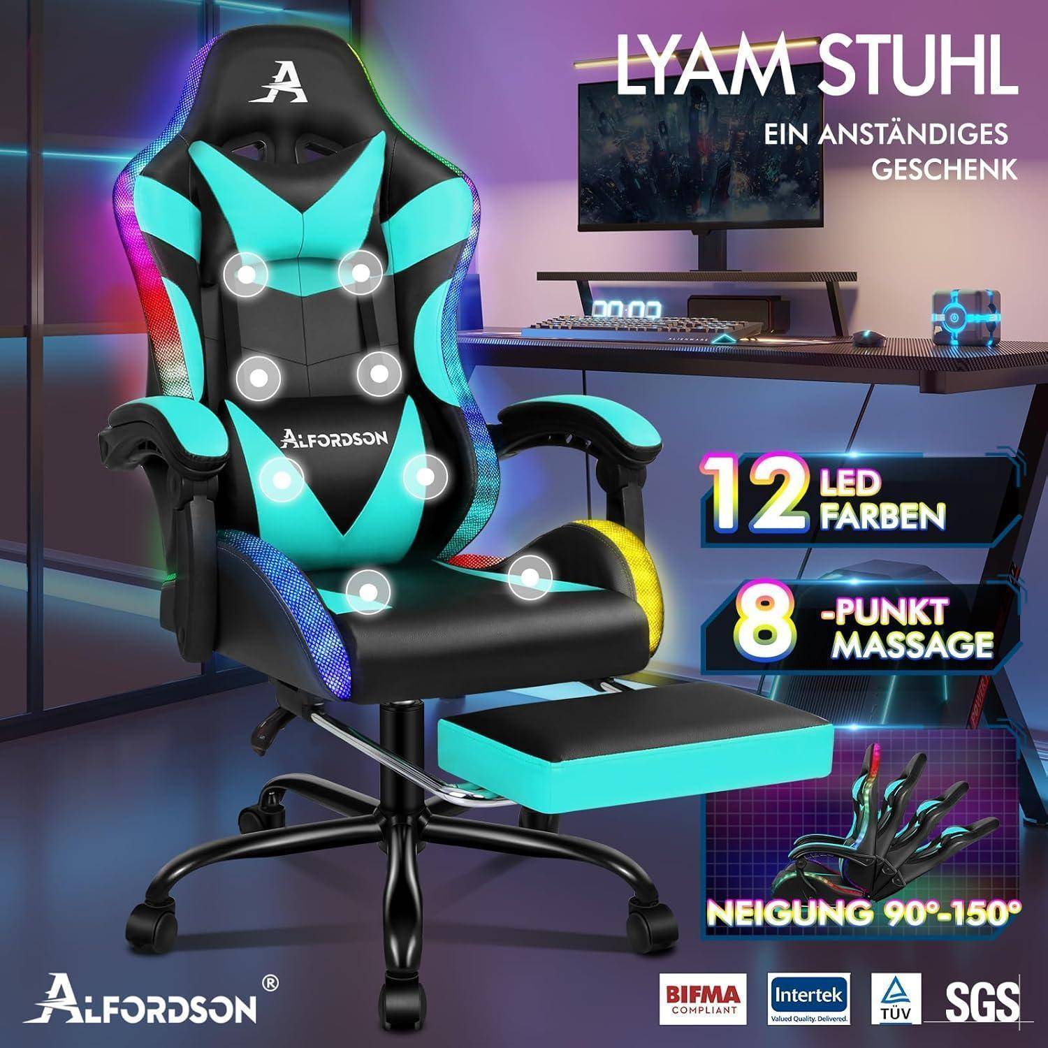Massage-Gaming-Stuhl LED Neigung ergonomischer Chefsessel Fußstütze