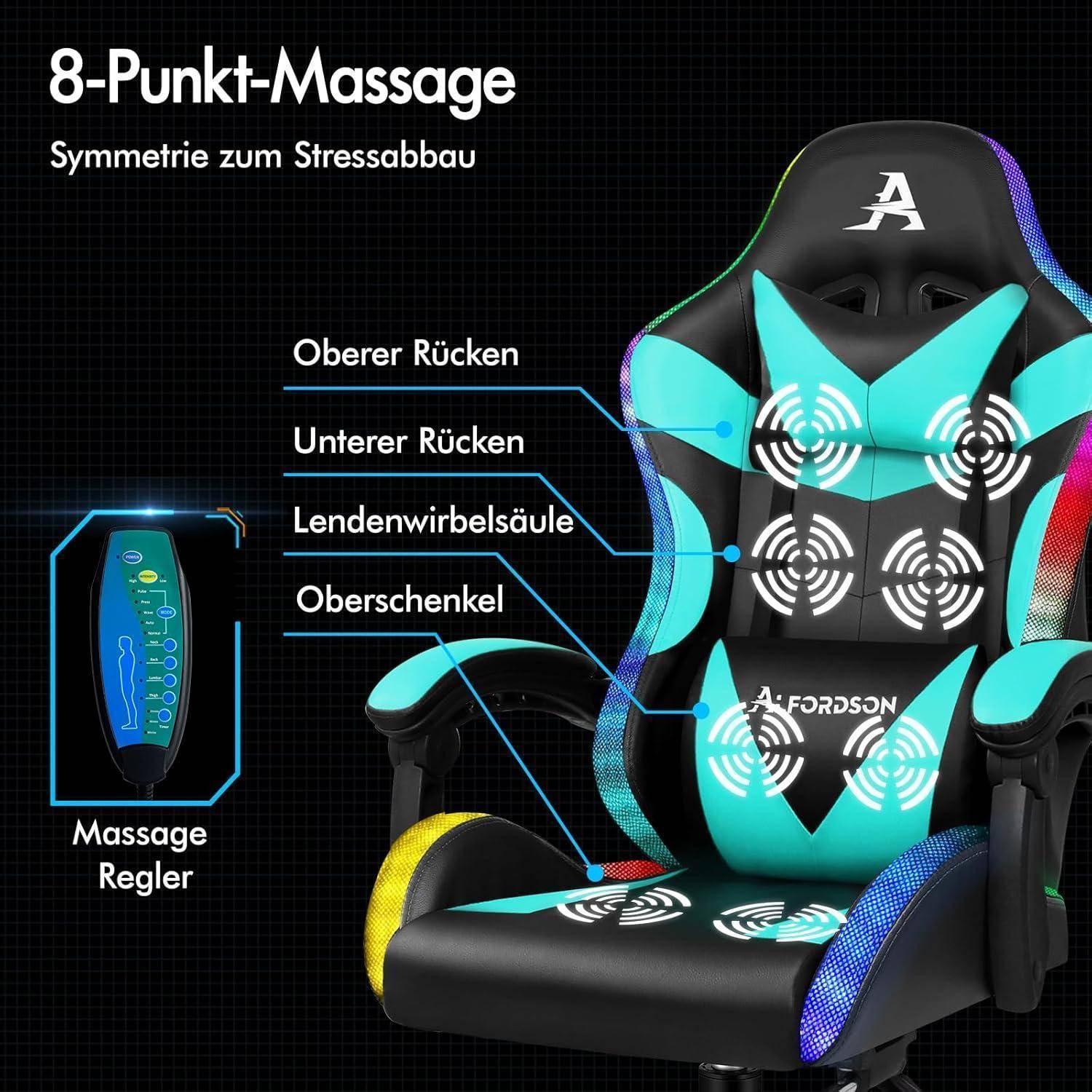 Gaming-Stuhl mit '8-Punkt-Massage', Gitterhintergrund. Etiketten zeigen Zielbereiche an: oberer Rücken, Lendenbereich, Oberschenkel. Bedienfeld sichtbar.