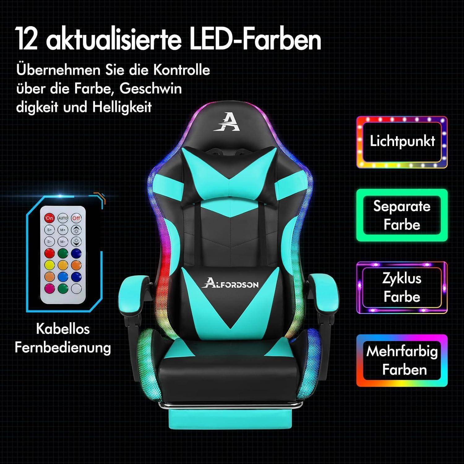Gaming-Stuhl mit 12 aktualisierten LED-Farben und Fernbedienung. Funktionen umfassen Lichtpunkt, separate Farbe, Farbzyklus und Multicolor-Optionen.