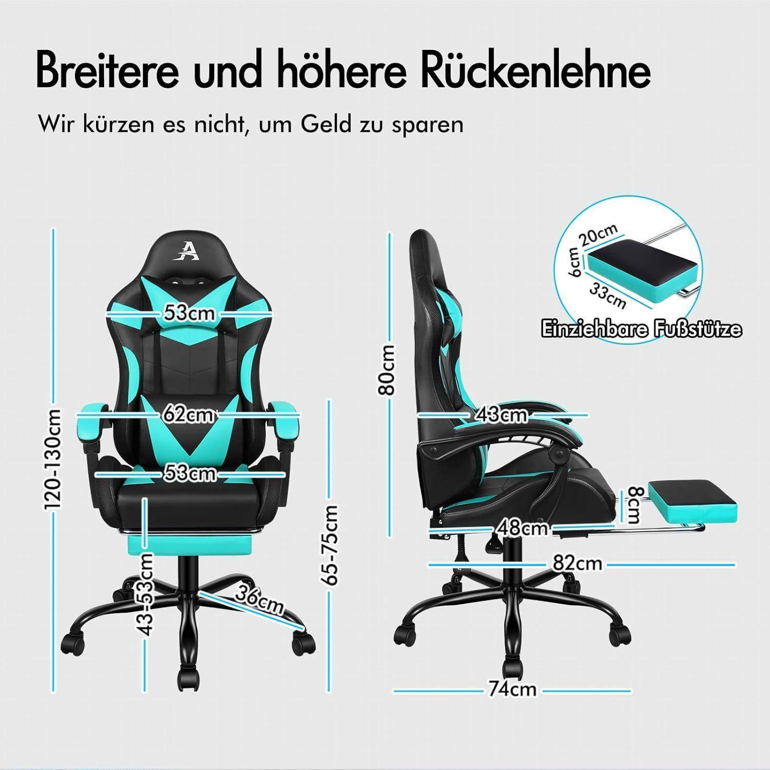 Bürostuhl mit petrol-schwarzem Design, ausgestattet mit verstellbaren Elementen: Kopfstütze (53 cm), Rückenlehne (62 cm), Sitzhöhe (65-75 cm) und Fußstütze (42 cm bis 82 cm Verlängerung). Vermerk lautet: „Wir sparen nicht an Kosten, indem wir die Größe reduzieren