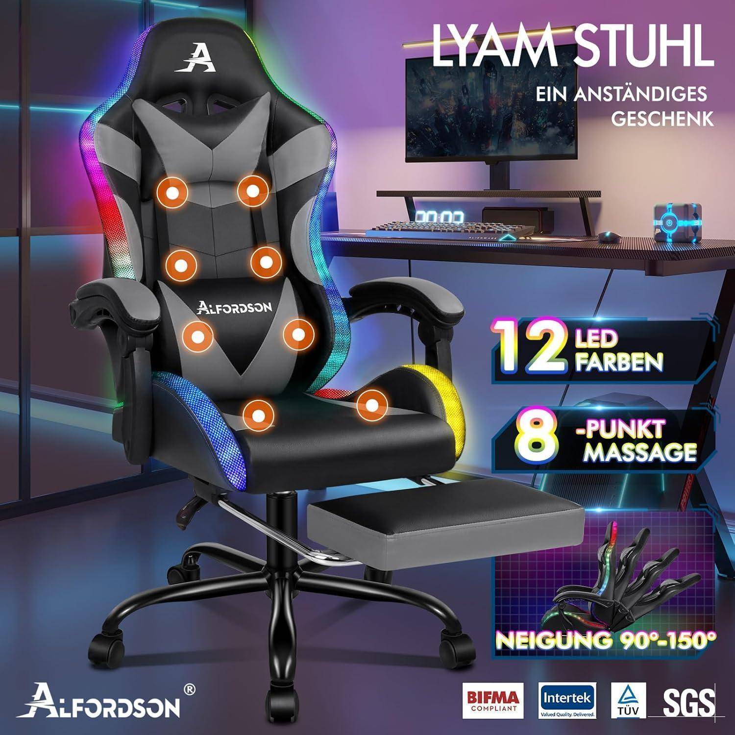 Massage-Gaming-Stuhl LED 150° Neigung ergonomischer Chefsessel