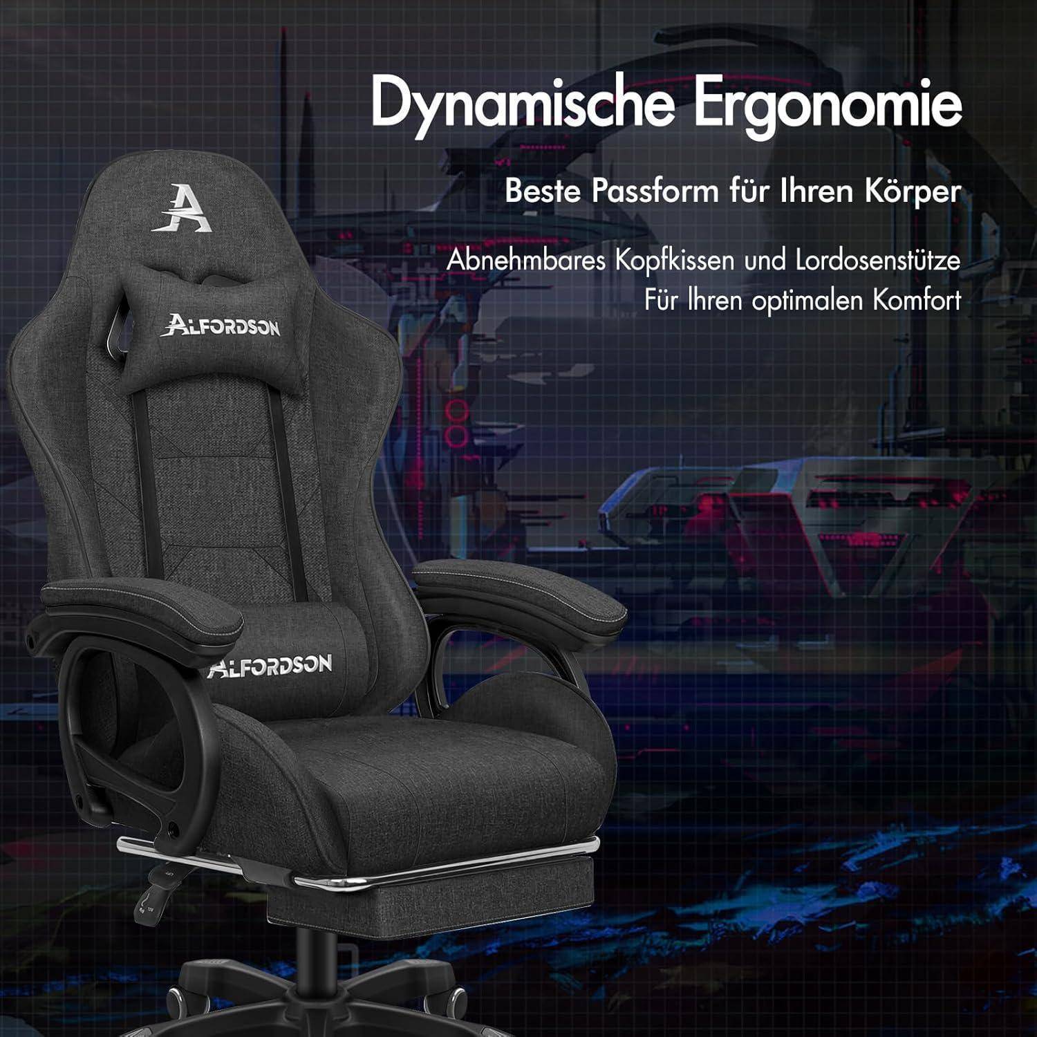 Ein schwarzer ergonomischer Stuhl mit verstellbarer Kopfstütze und Lendenwirbelstütze, mit der Markenbezeichnung 'Alfordson', wird vor einem dunklen Gitterhintergrund präsentiert. Deutscher Text bewirbt Komfort und Anpassungsfähigkeit.