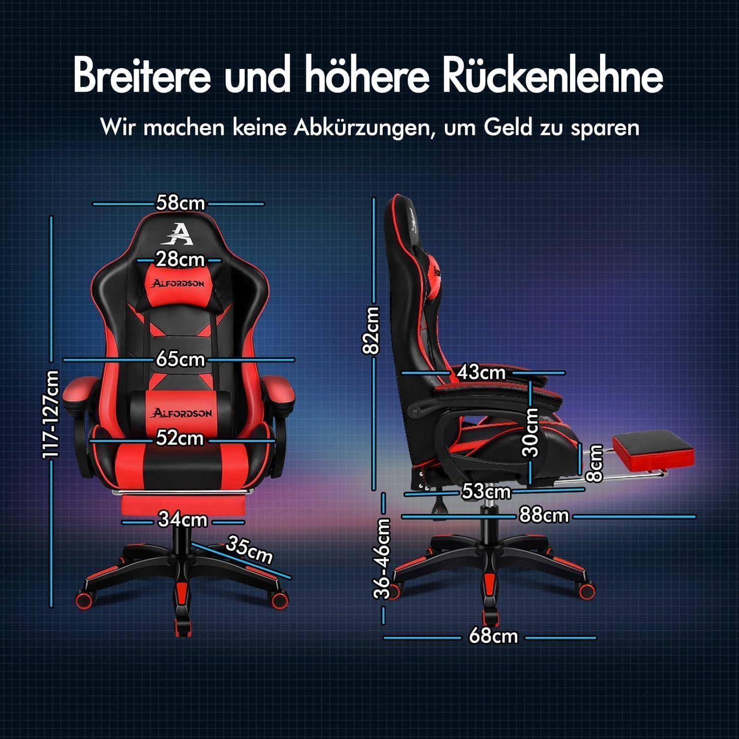 Bürostuhl mit breiterem, höherem Rückenlehnen. Detaillierte Maßangaben für Höhe, Breite, Sitzmuldentiefe und Armlehnenabstand, mit Fußstütze.