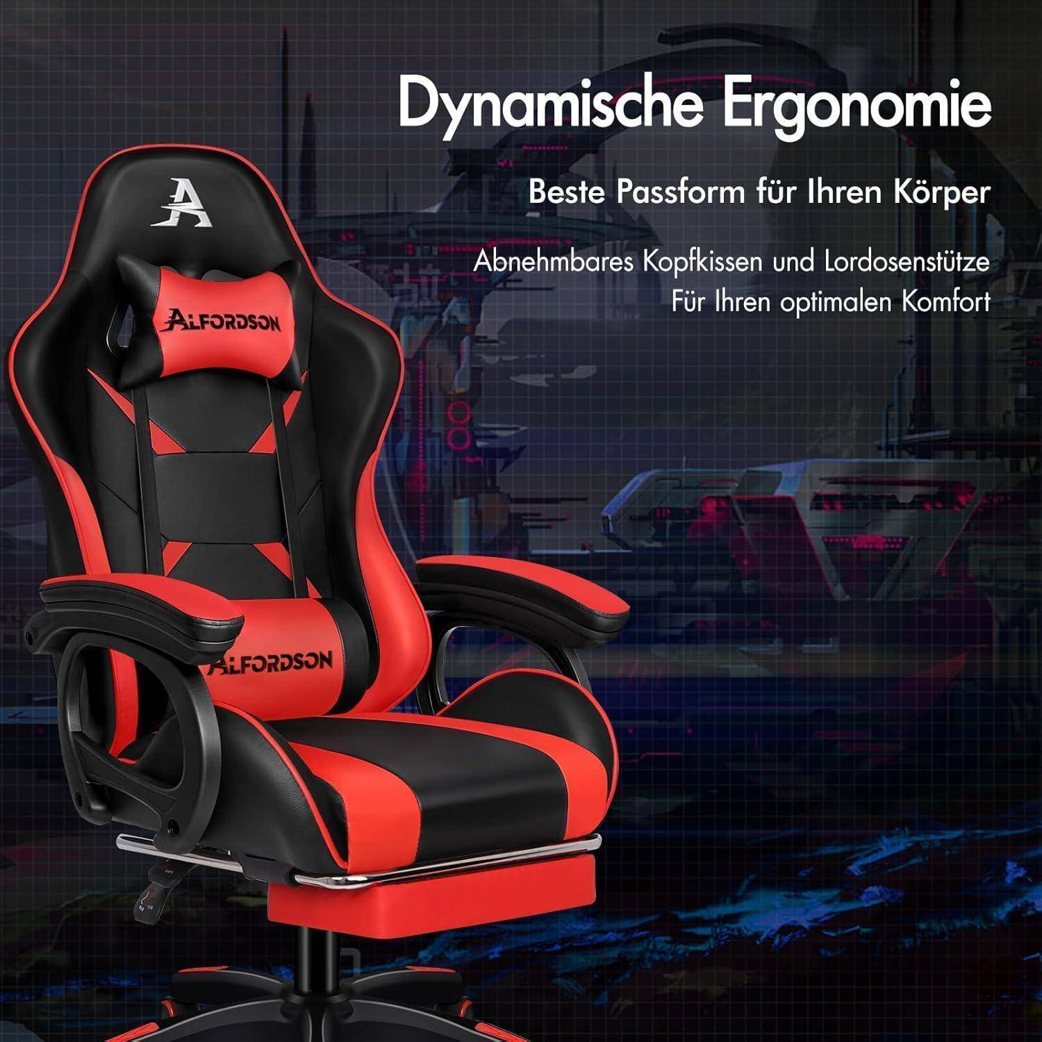Ein rot-schwarzer ergonomischer Gaming-Stuhl mit verstellbarer Kopfstütze und Lendenwirbelstütze, vor einem technisch inspirierten Hintergrund.