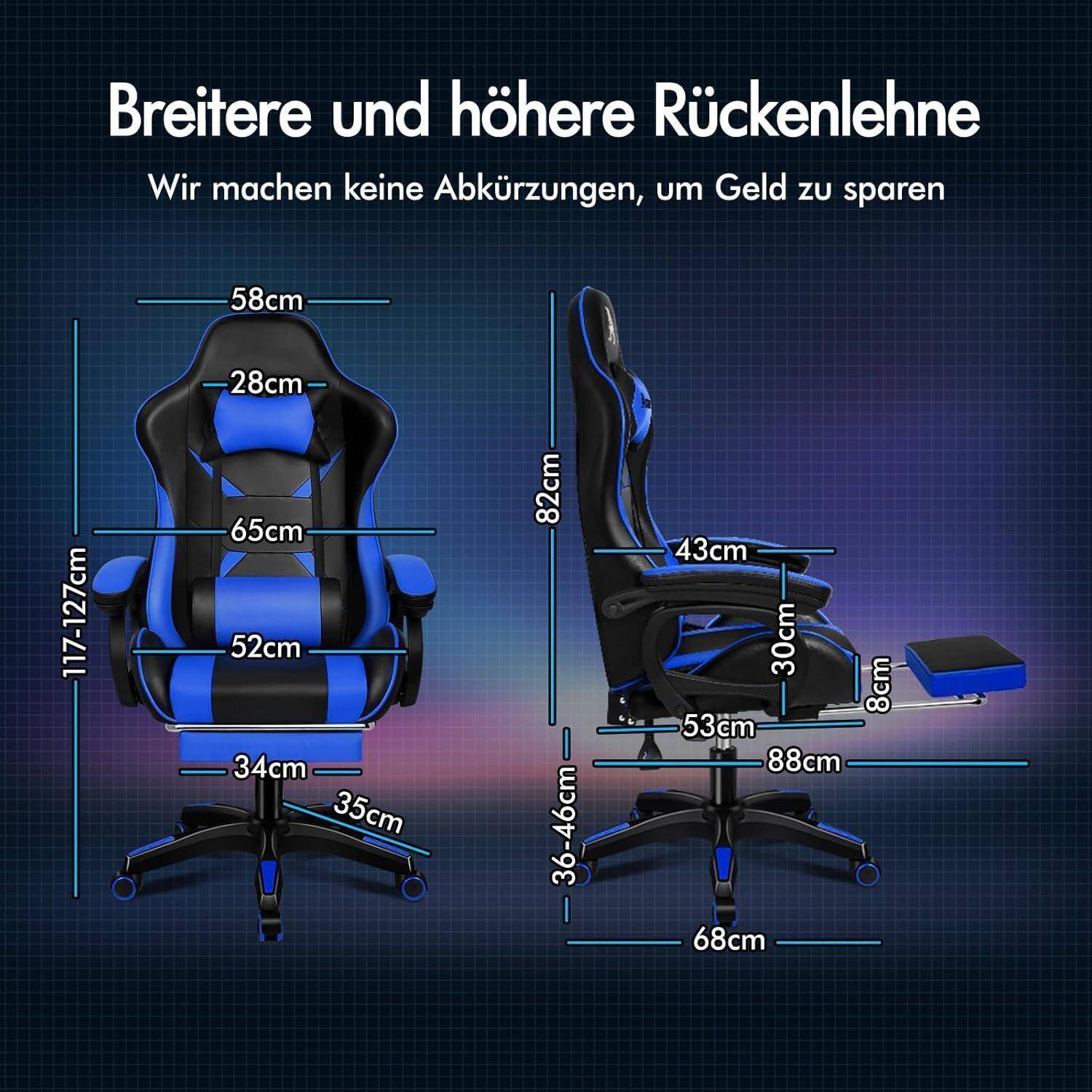 The image shows a gaming chair with dimensions labeled. Text in German reads: 'Broader and higher backrest' and 'We do not take shortcuts to save money.