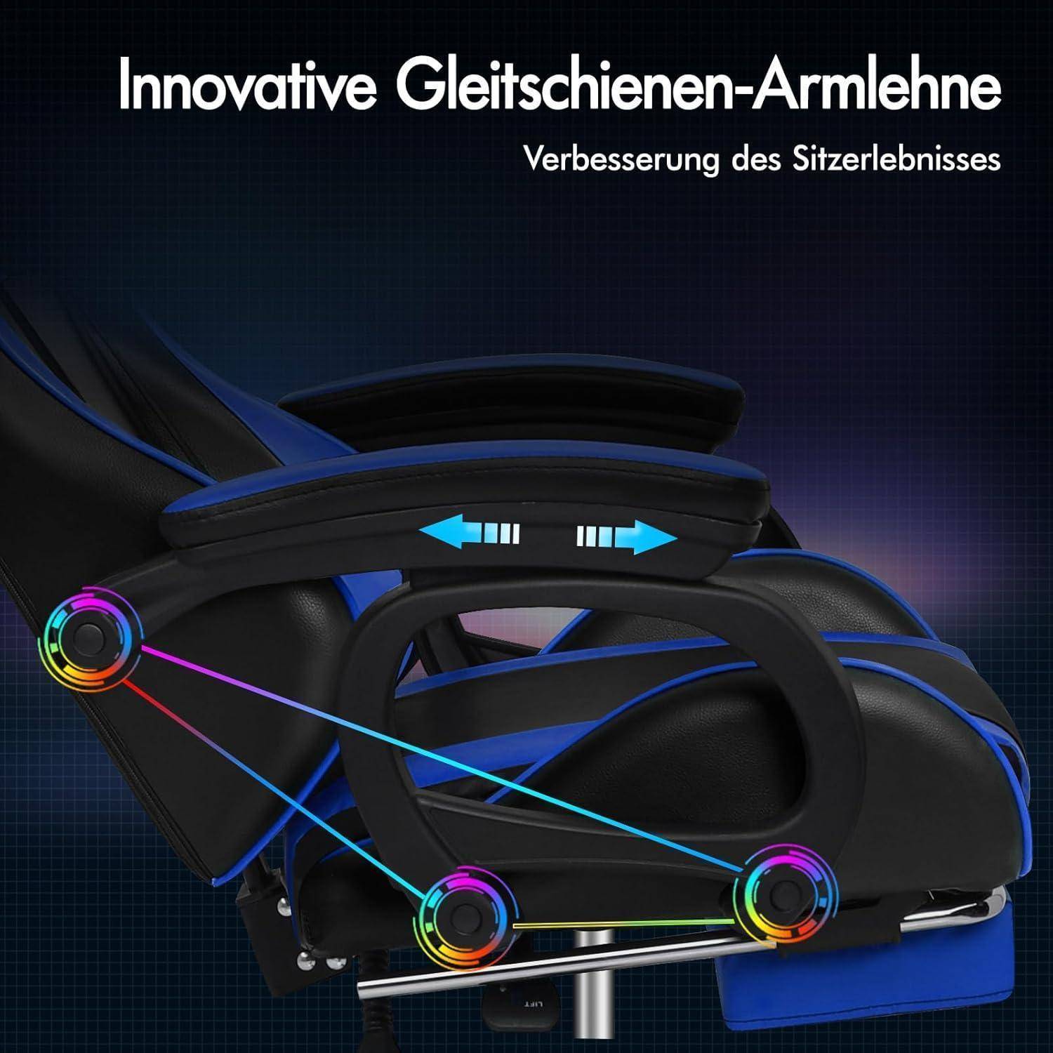 Innovative Gleitschienen-Armlehne. Verbesserung des Sitzerlebnisses.' Seitenansicht einer Stuhlarmstütze mit bunten Linien, die ihre verstellbaren Eigenschaften veranschaulichen.