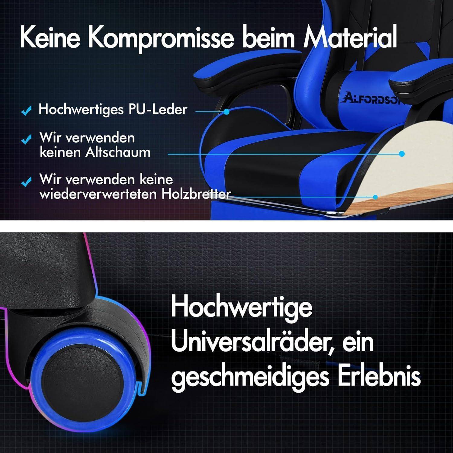 Der 'Afordson' Gaming-Stuhl in Schwarz und Blau, beschrieben mit dem Slogan: 'Keine Kompromisse beim Material'. Der Stuhl ist aus hochwertigem PU-Leder und recycelten Materialien gefertigt, um ein optimales Spielerlebnis zu gewährleisten. Die sorgfältige Materialauswahl garantiert Komfort, Langlebigkeit und Nachhaltigkeit für anspruchsvolle Gamer.