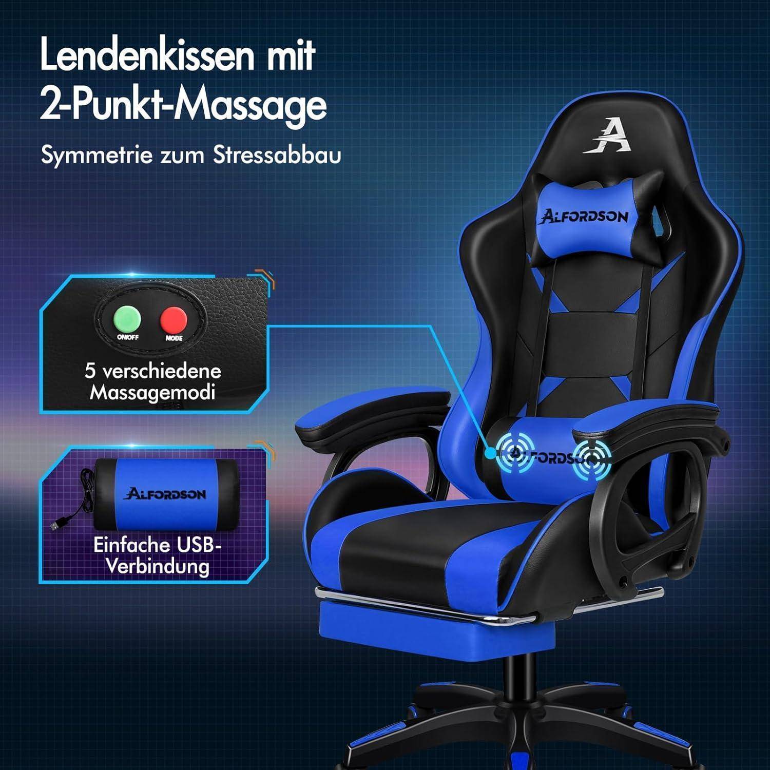Gaming-Stuhl mit Lendenkissen und 2-Punkt-Massage. Verfügt über fünf Massage-Modi und einfache USB-Verbindung.