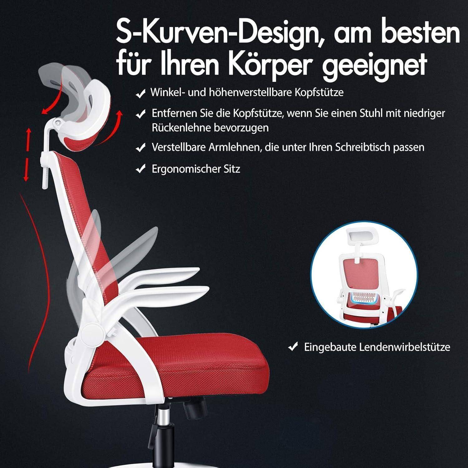 Roter ergonomischer Bürostuhl mit verstellbarer Kopfstütze, Armlehnen und Lendenwirbelstütze. Der Text hebt seine anpassbaren Eigenschaften hervor.