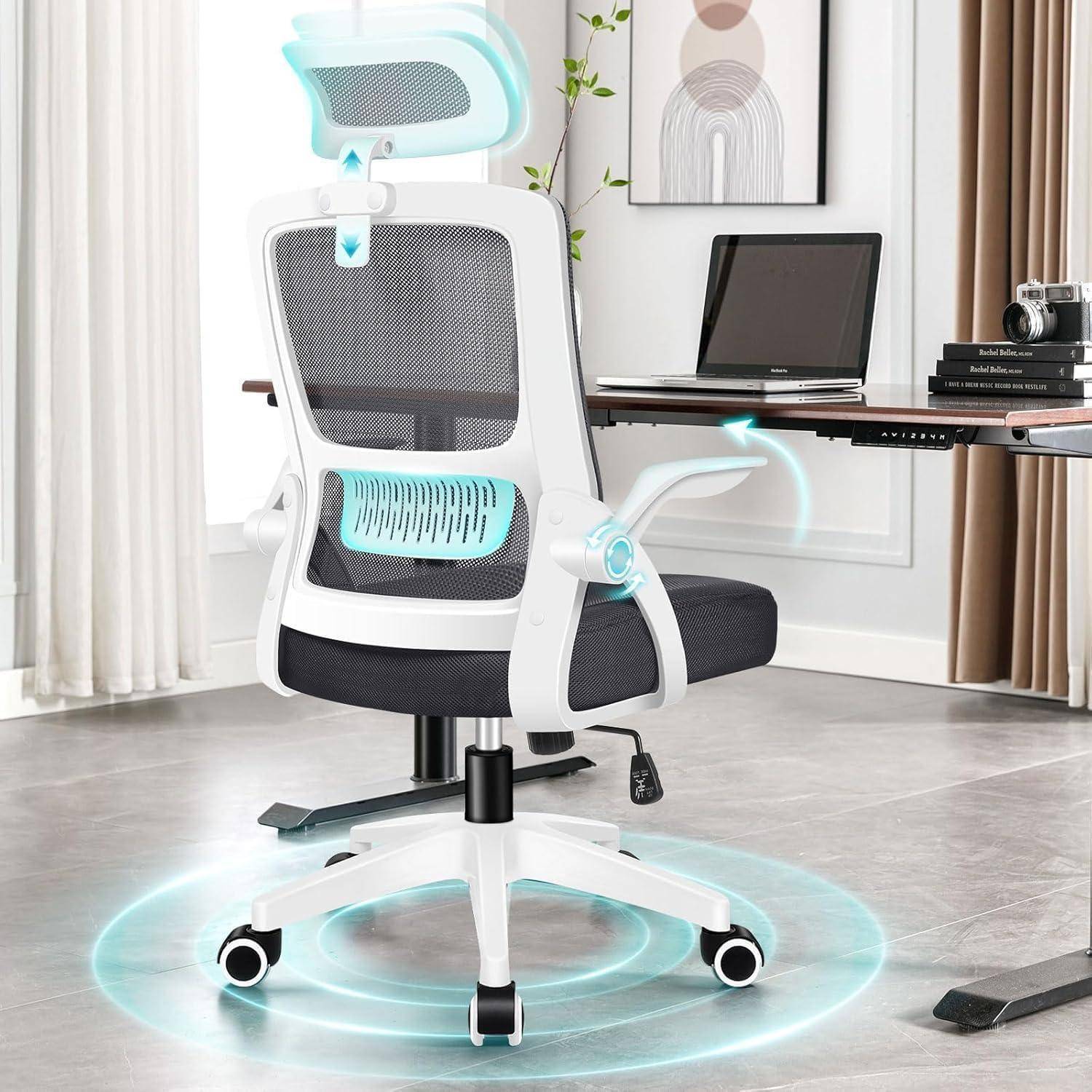 Ergonomischer Bürostuhl Lordosenstütze Neigbar Weiß Armlehne