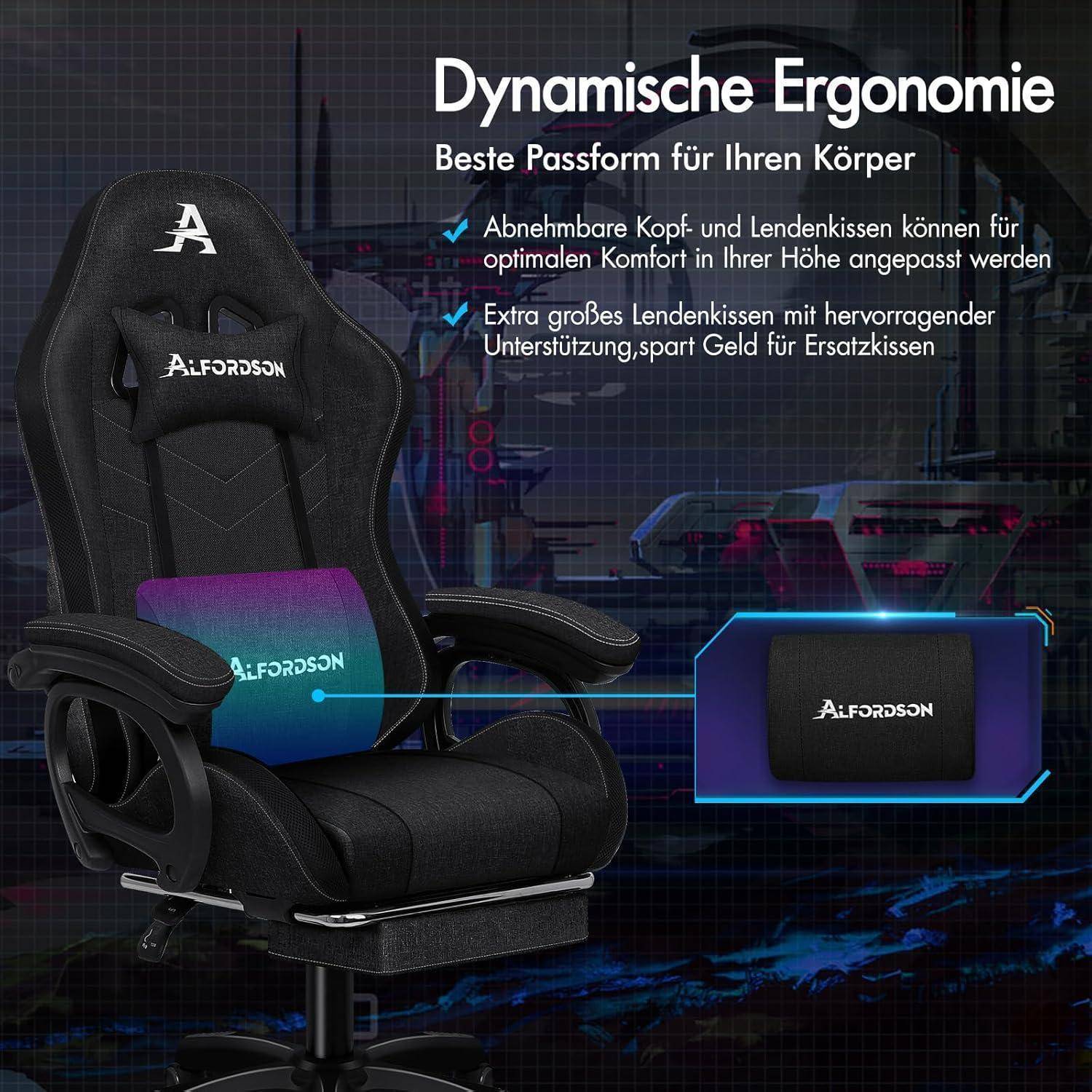 Ergonomischer Stuhl mit verstellbaren Kopf- und Lendenkissen für optimalen Komfort. Schwerpunkt auf kostensparender Lendenbereichunterstützung.
