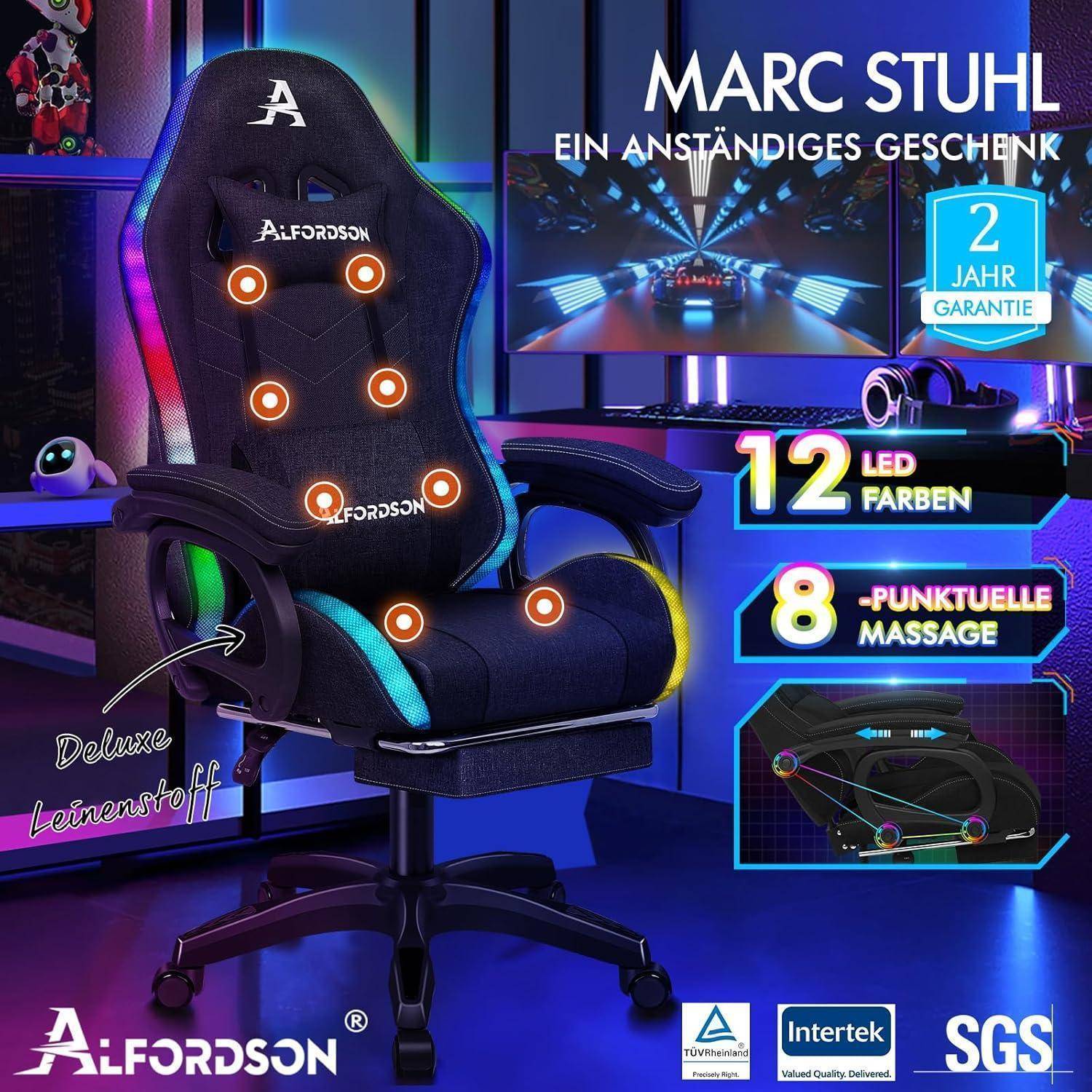 Ein Bürostuhl-Werbung hebt Merkmale hervor: 12 LED-Farben, 8 Massagemodi, Deluxe-Stoff. Hintergrund zeigt Gaming-Setup und Garantieinformationen.