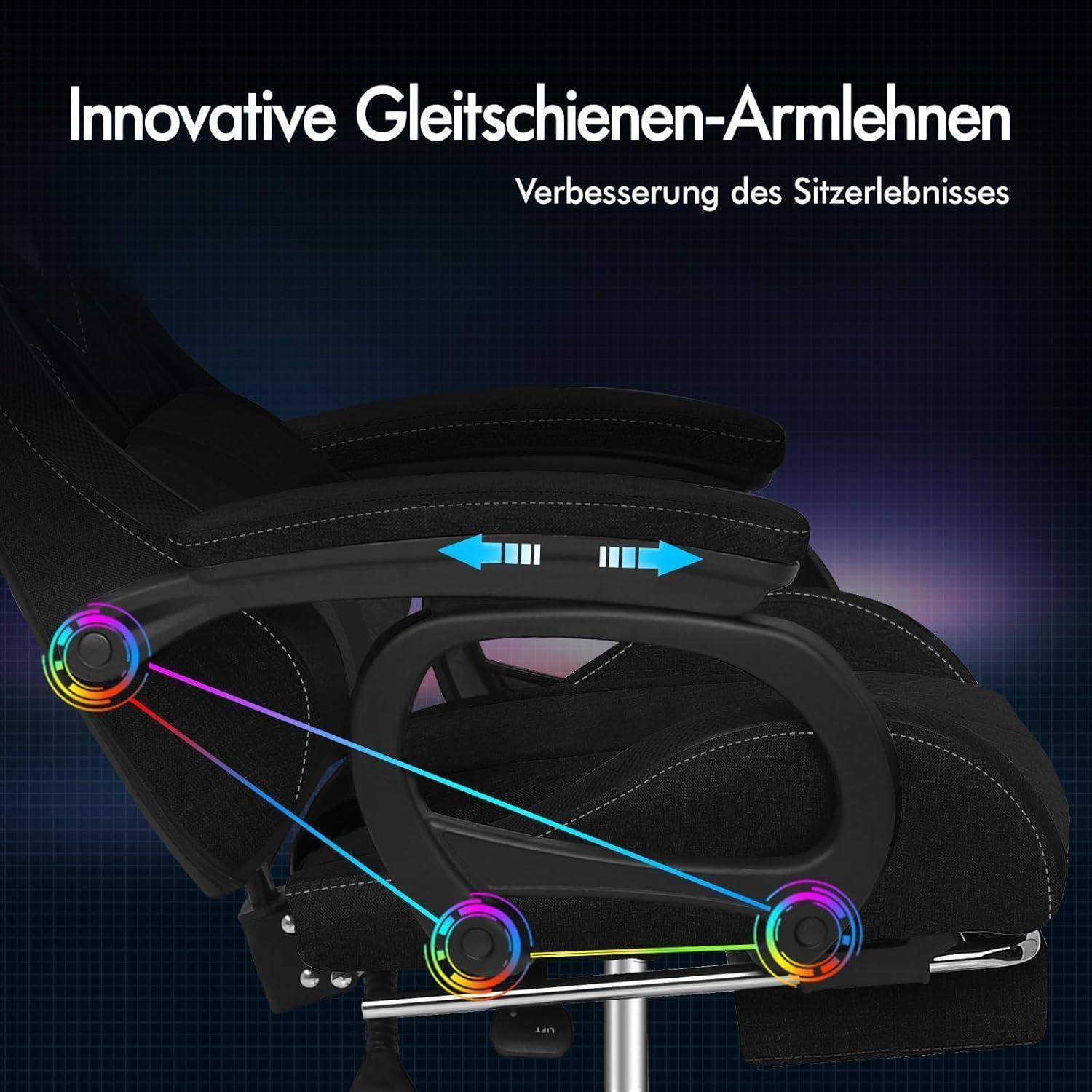 Das Bild zeigt einen Fokus auf die 'Innovative Glides' Armlehnen eines Stuhls und hebt Merkmale hervor, die das Sitzerlebnis verbessern.