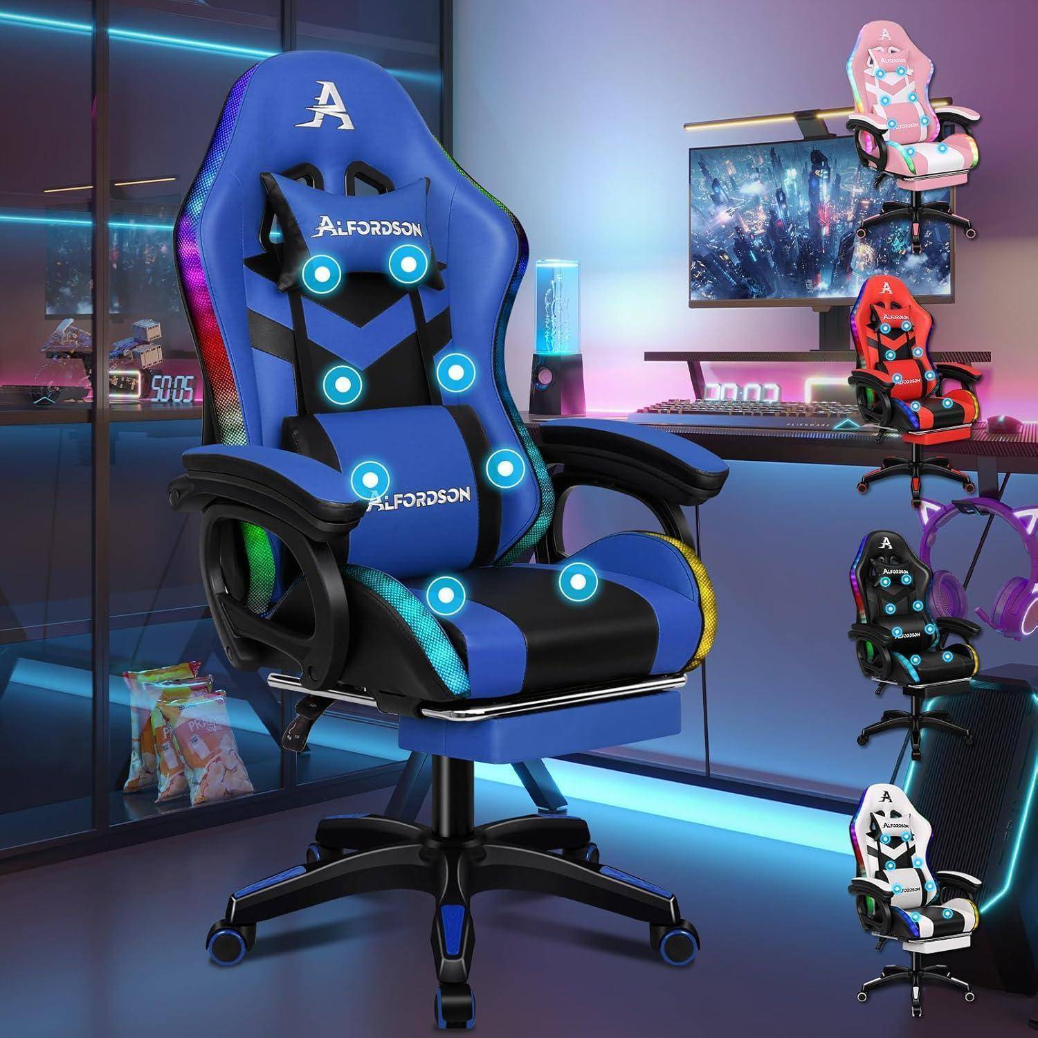 Gaming-Stuhl mit blau-schwarzem Design, Lendenwirbelstütze und verstellbaren Armlehnen in einem bunten Gameroom.