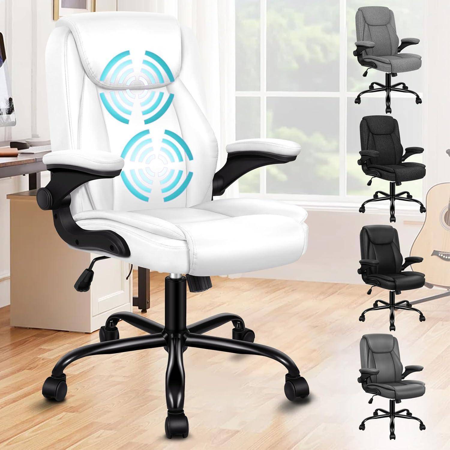 Weißer ergonomischer Bürostuhl mit Lordosenstütze, schwarzem Gestell und Armlehnen, der in einem hellen Raum platziert ist. Zusätzliche Farboptionen werden seitlich gezeigt.