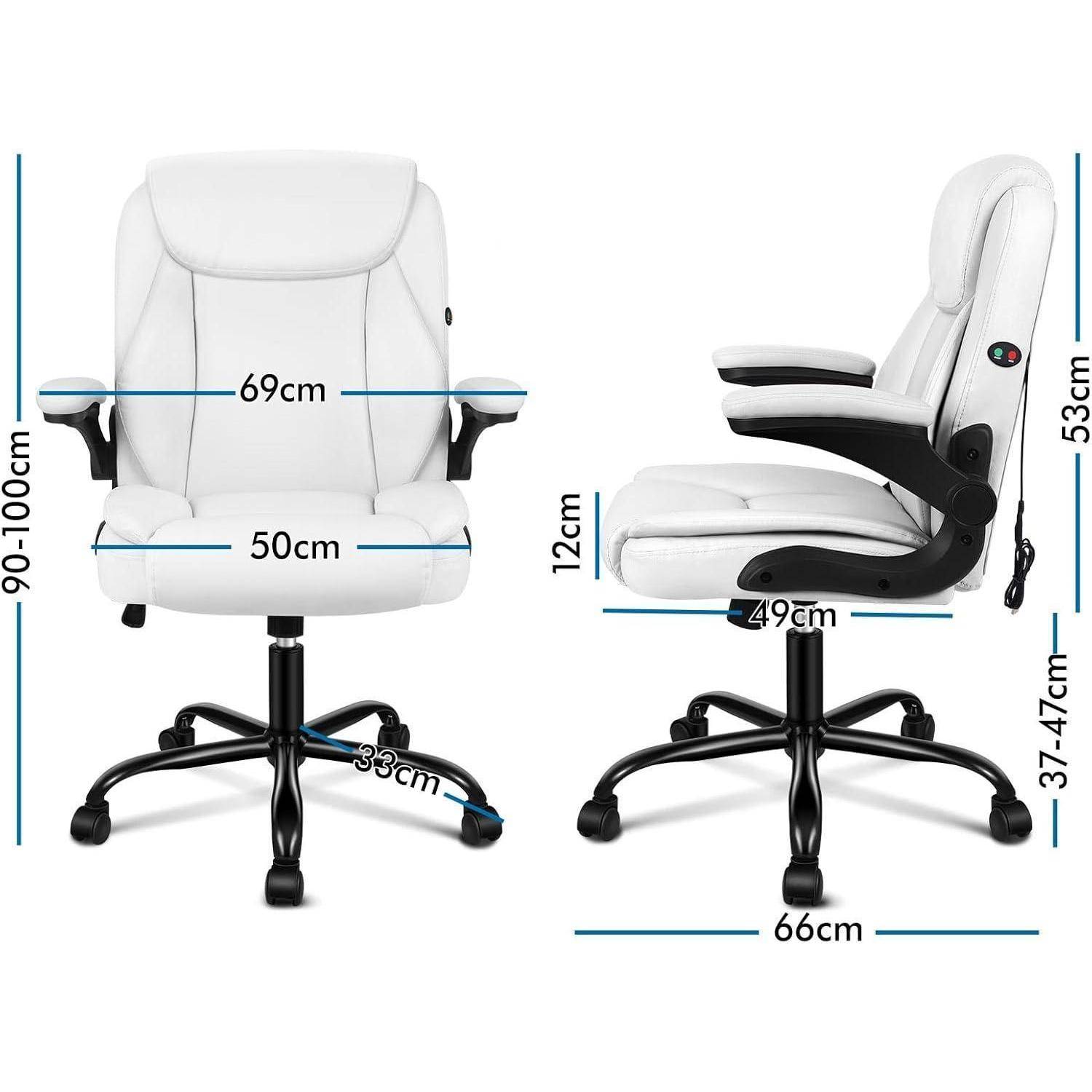 Weißer Bürostuhl mit Maßen: Höhe 90-100 cm, Sitzbreite 69 cm, Tiefe 50 cm, Armlehnen-Höhe 12 cm, Basisbreite 66 cm.