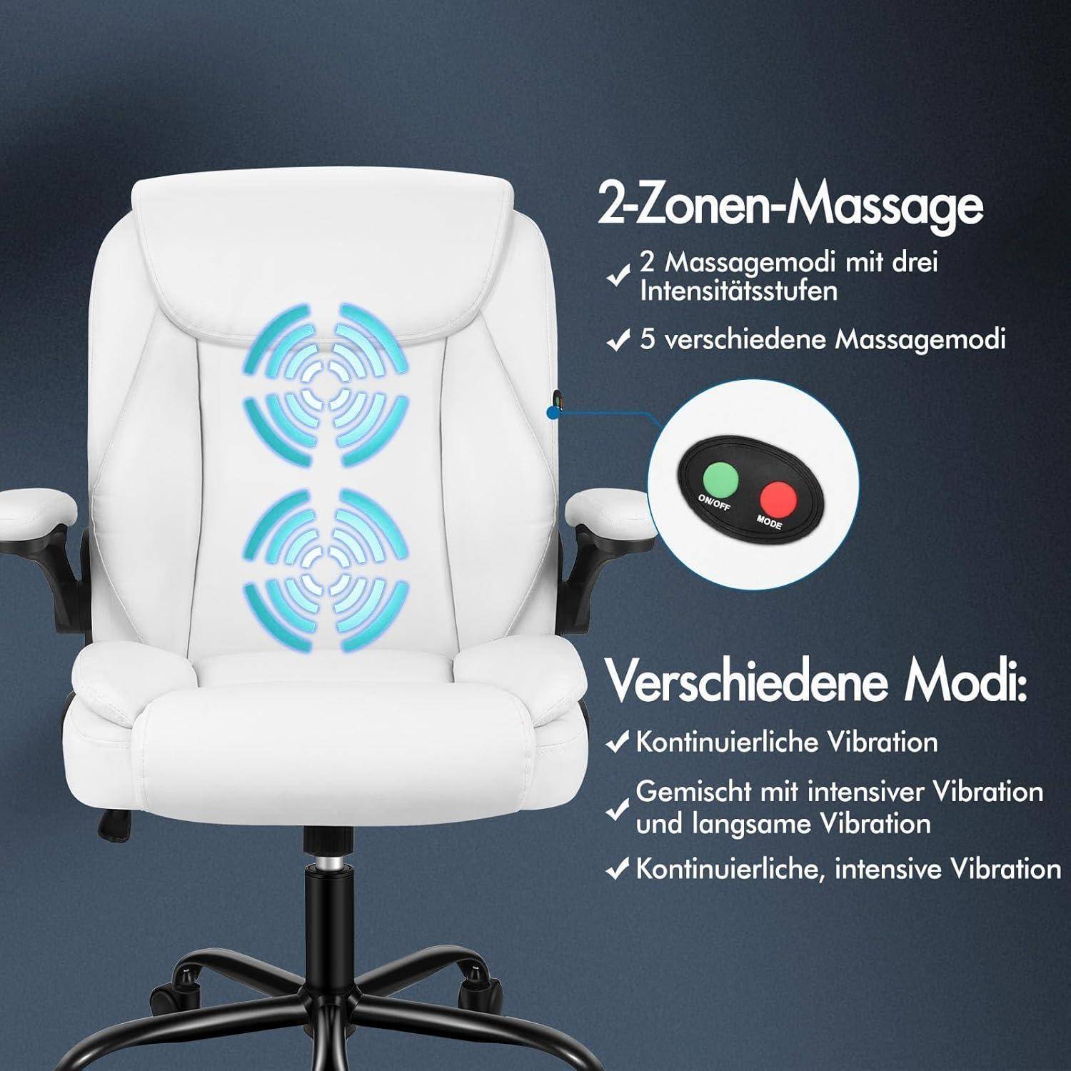 Weißer Bürostuhl mit '2-Zonen-Massage' Funktion, der 5 Massageeinstellungen zeigt. Steuerungstafel mit zwei Tasten zur Einstellungsanpassung dargestellt. Text beschreibt Vibrations- und Intensitätseinstellungen.
