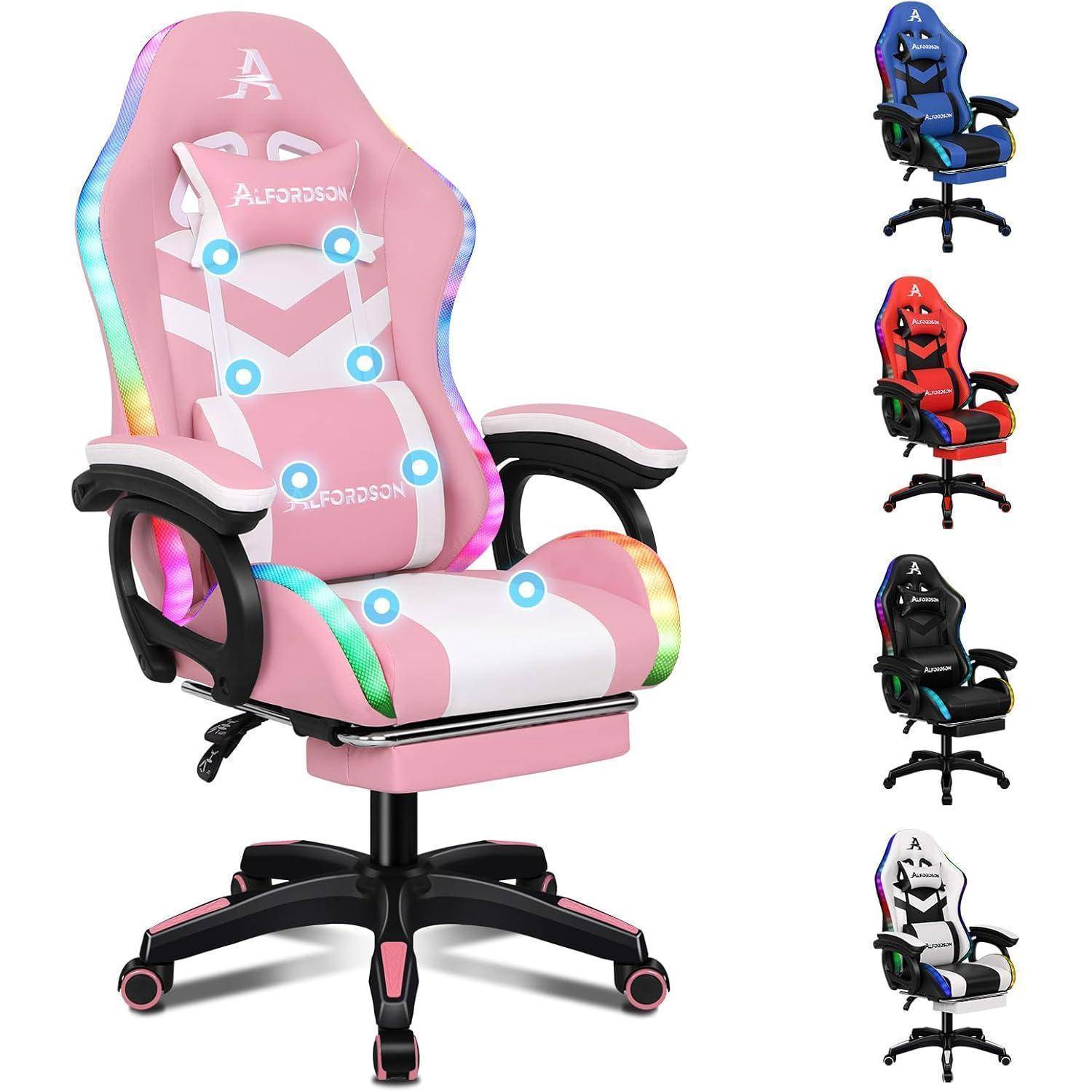 Gaming Stuhl LED RGB Massage Fußstütze Ergonomisch Rosa