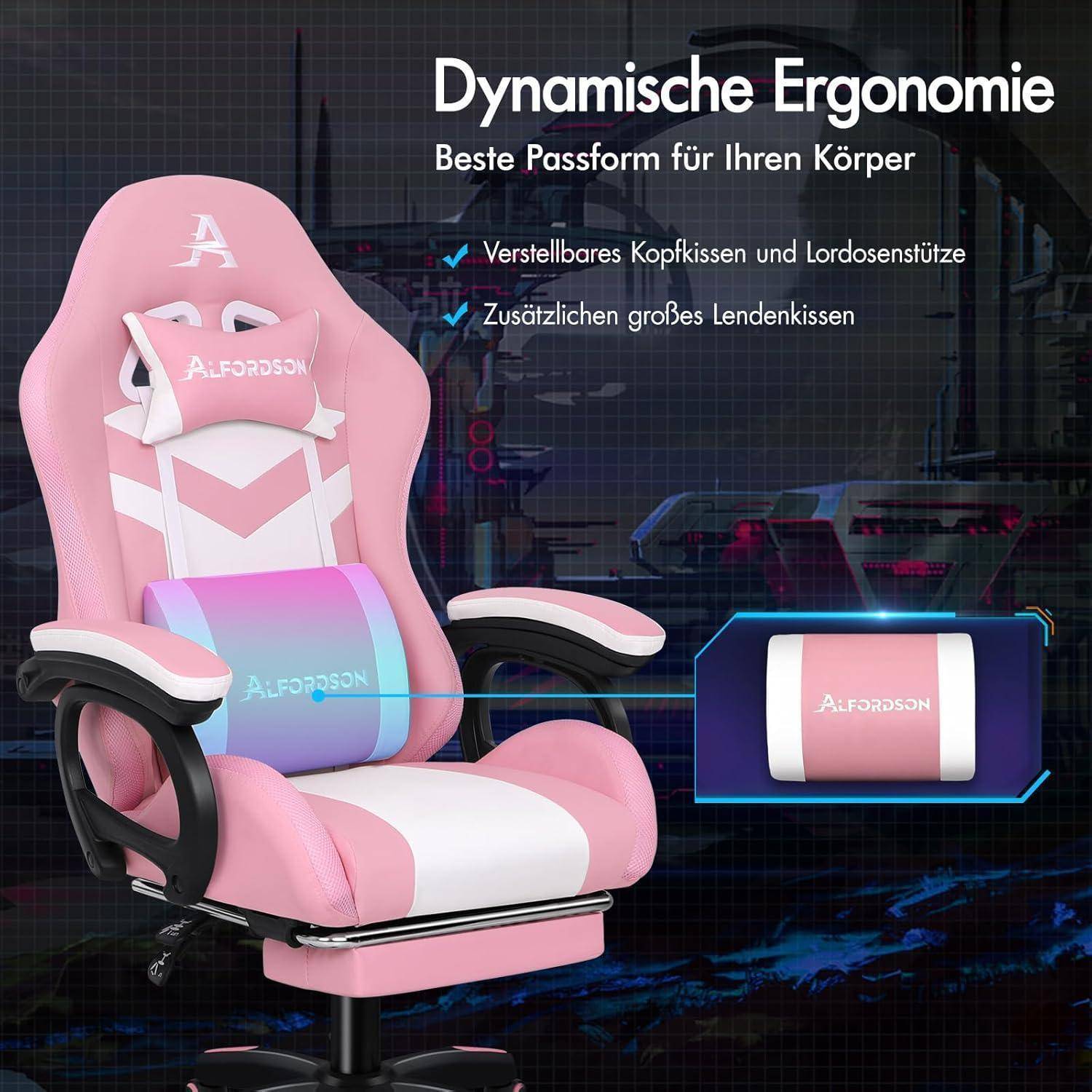 Gaming Stuhl LED RGB Massage Fußstütze Ergonomisch Rosa