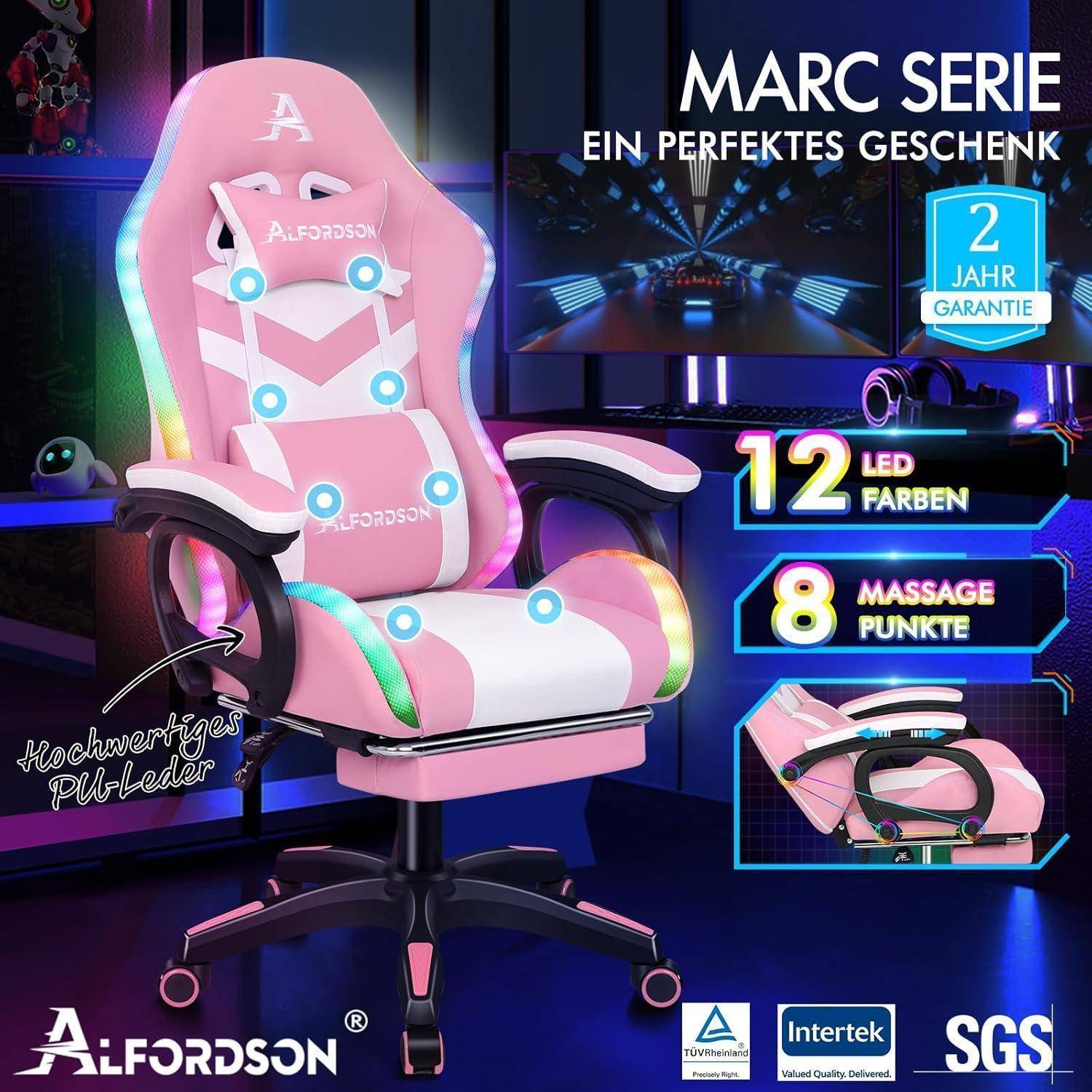 Gaming Stuhl LED RGB Massage Fußstütze Ergonomisch Rosa