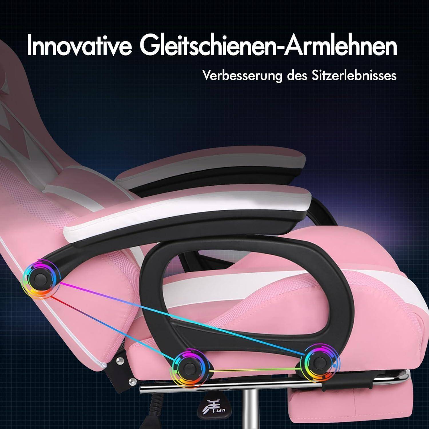 Gaming Stuhl LED RGB Massage Fußstütze Ergonomisch Rosa